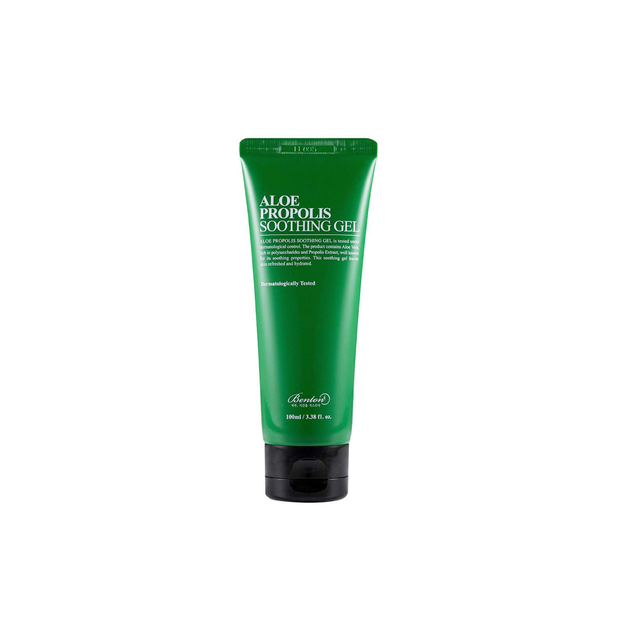 Eine 100 ml Tube grünes Benton Aloe Propolis Soothing Gel mit schwarzem Deckel steht aufrecht vor einem weißen Hintergrund.