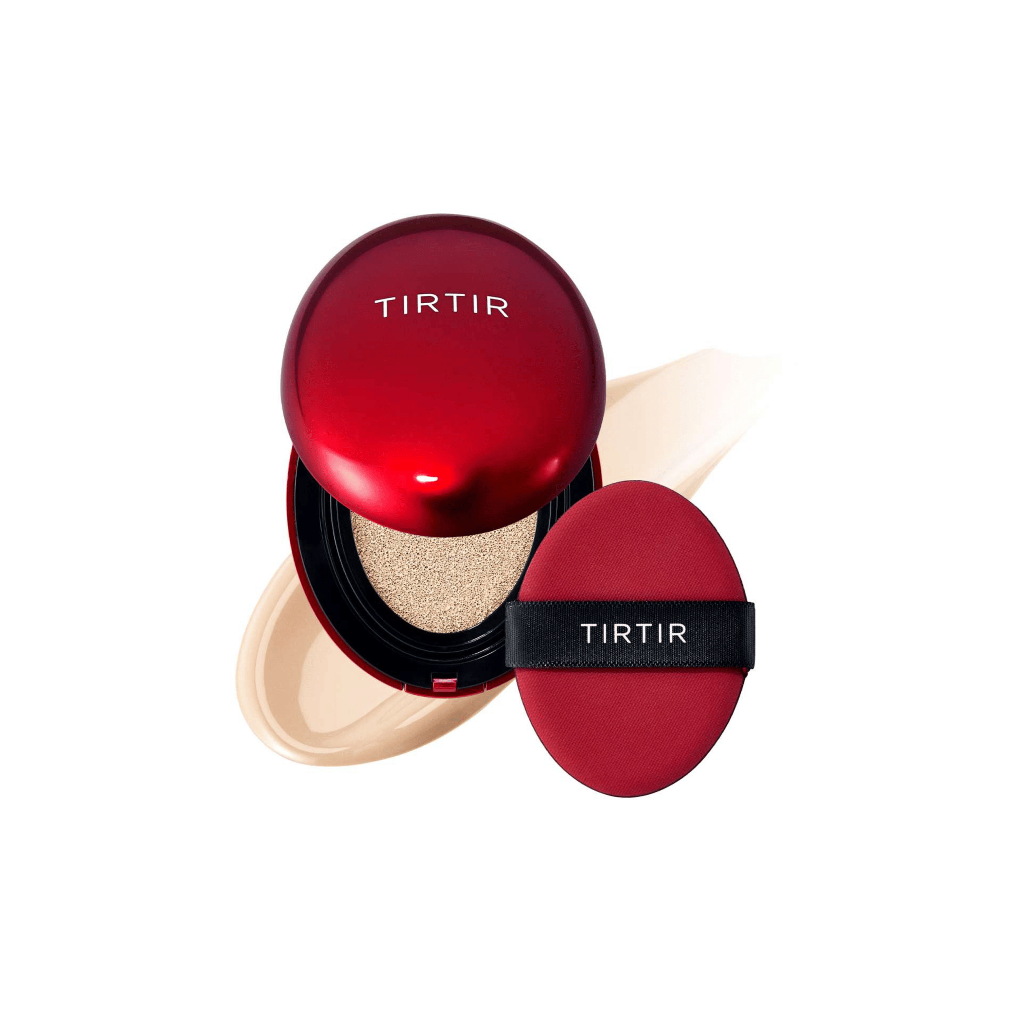 TIRTIR Red Cushion in Farbe 21N mit rotem Applikator und beiger Foundation-Textur auf weißem Hintergrund