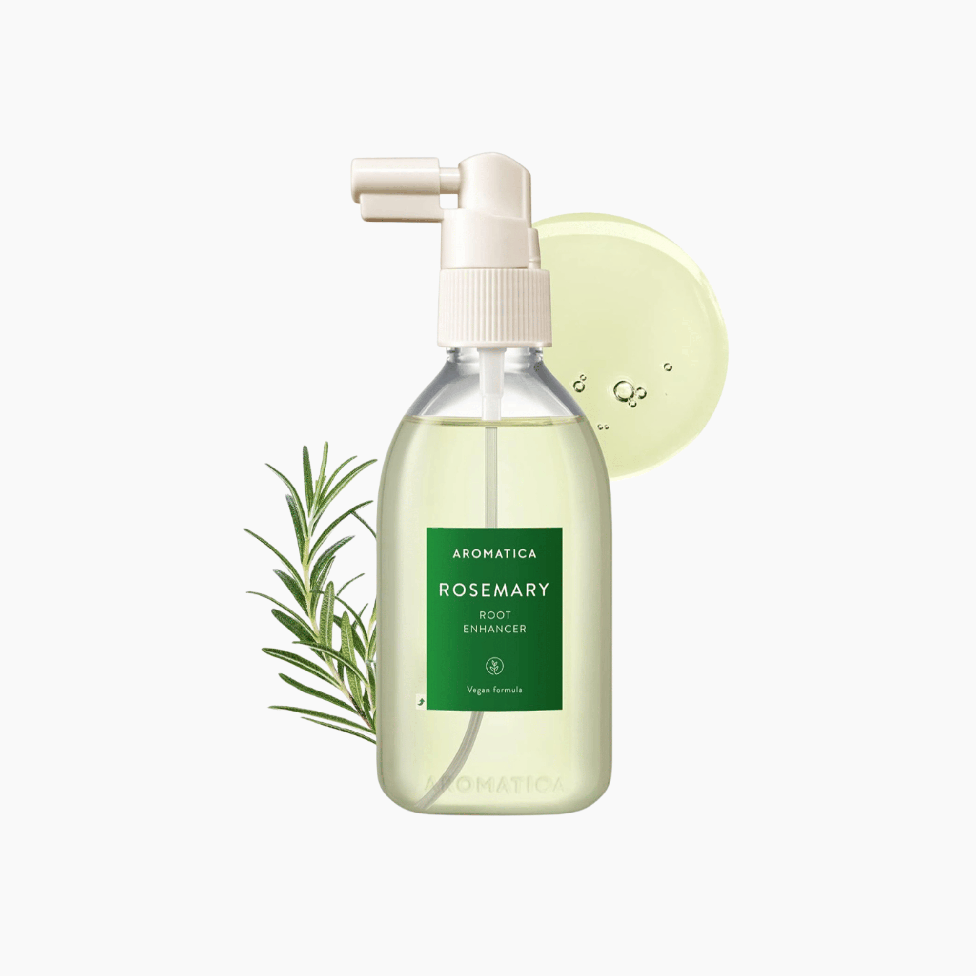Die Sprühflasche des Aromatica Rosemary Root Enhancer mit einer Pumpdüse, begleitet von einem Rosmarinzweig und einem kreisförmigen Flüssigkeitsmuster im Hintergrund.