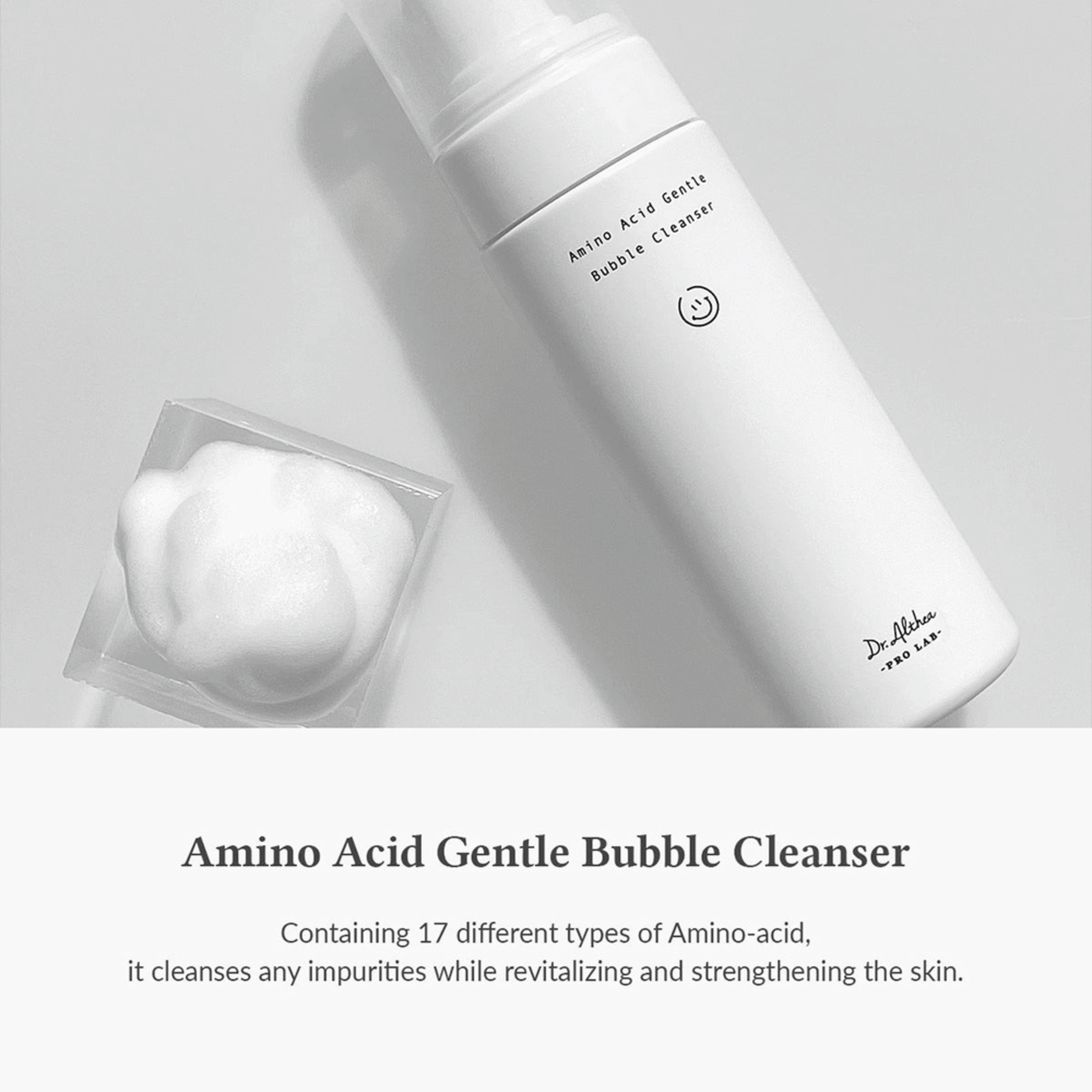 Dr. Althea Amino Acid Gentle Bubble Cleanser steht neben einem Schaumklecks auf einer durchsichtigen Schale und betont die sanften Aminosäuren, die Ihre Hautbarriere schützen.