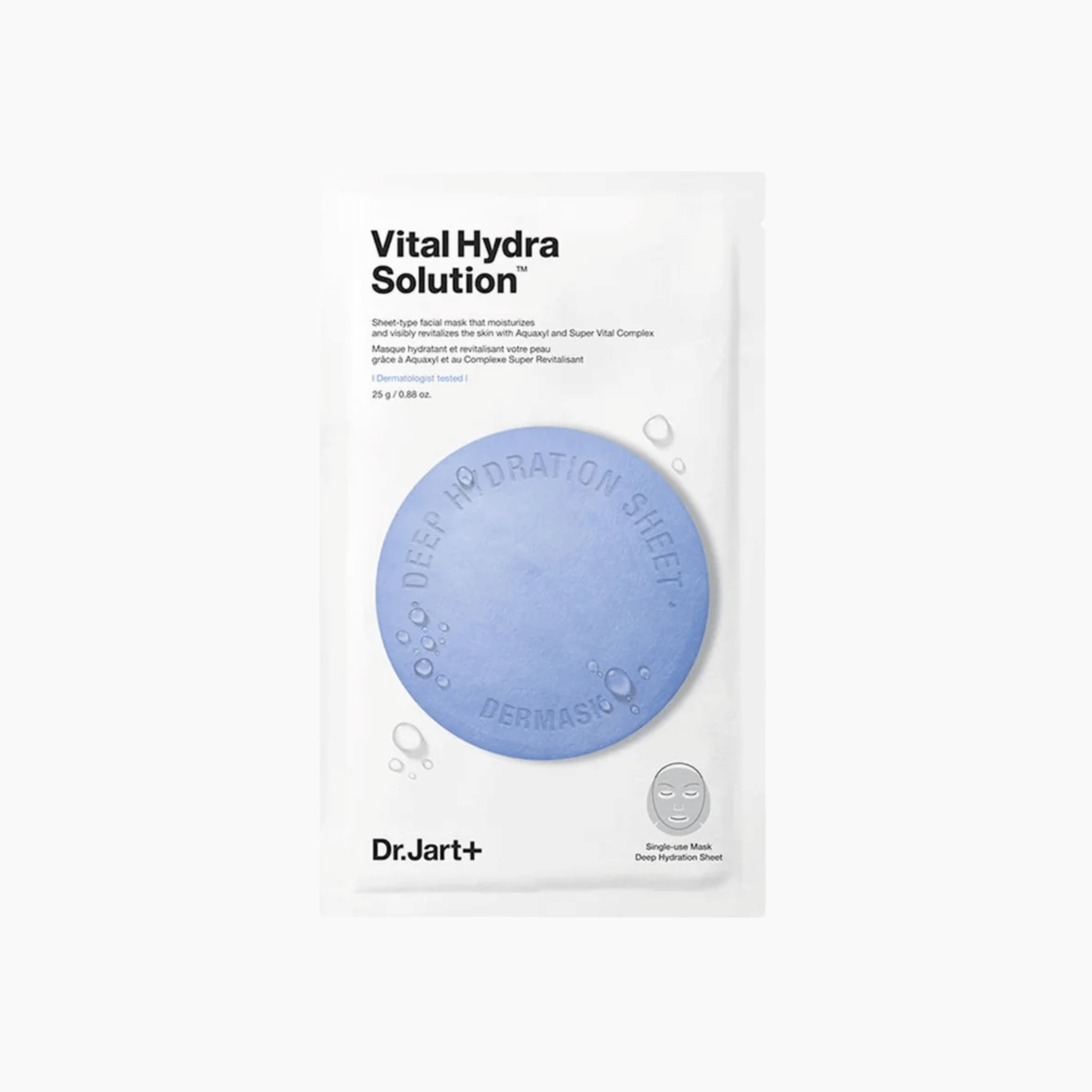 Eine weiße Packung Dr. Jart+ Vital Hydra Solution Masks zeigt einen blauen Kreis mit der Aufschrift „Deep Hydration Sheet“ und die Abbildung einer Gesichtsmaske.
