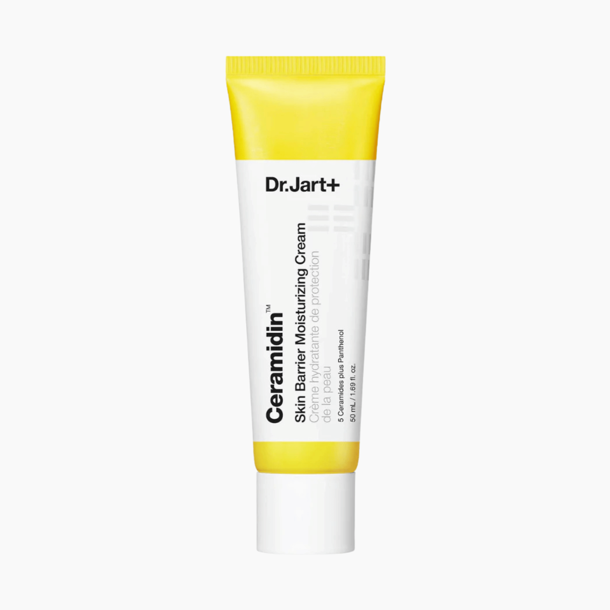 Eine Tube Dr. Jart+ Ceramidin Skin Barrier Moisturizing Cream in gelb-weißer Verpackung steht aufrecht vor einem weißen Hintergrund.