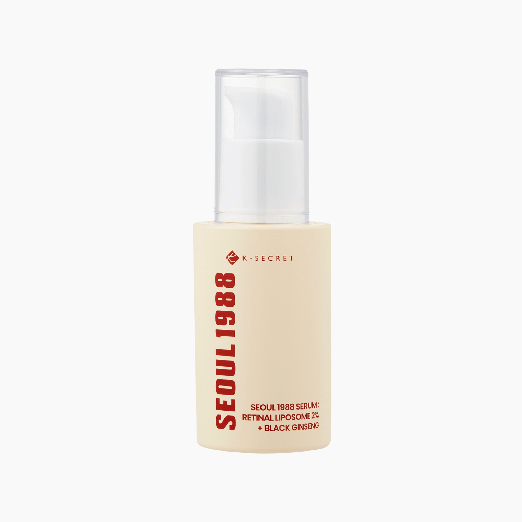 K-Secret SEOUL 1988 Serum Retinal Liposome 2% + Schwarzer Ginseng 30ml in einer beigen Flasche mit weißer Pumpe und rotem Text, dargestellt auf einem schlichten weißen Hintergrund.