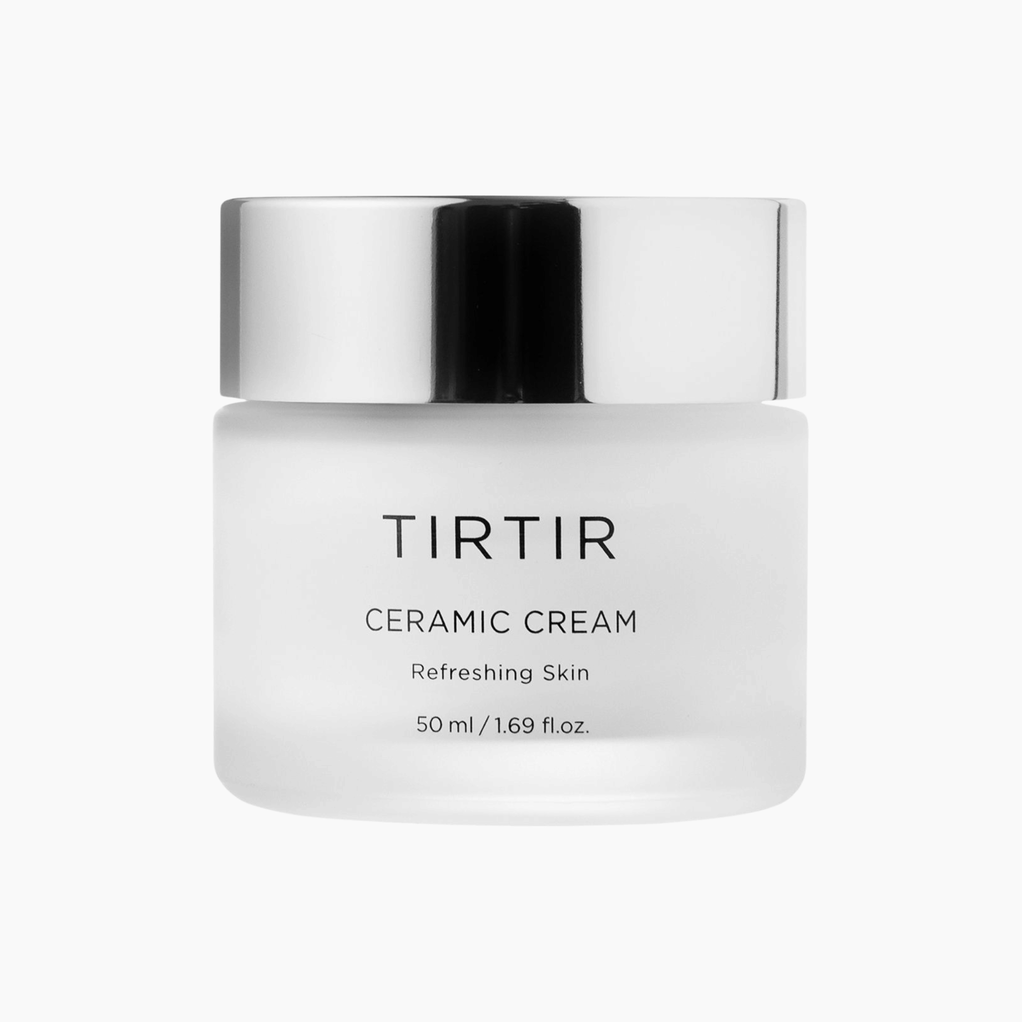 Minimalistisches Design der TIRTIR Ceramic Cream 50ml mit silbernem Deckel feuchtigkeitsspendende Gesichtspflege