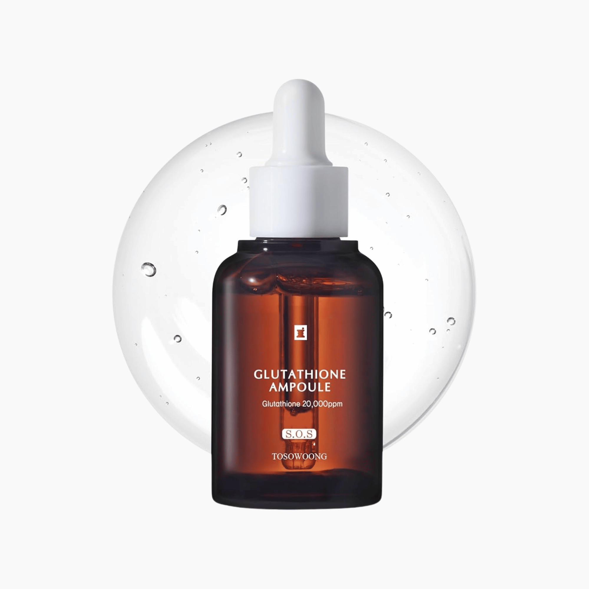 Tosowoong Glutathione Ampoule mit 20.000 ppm in Braunglasflasche vor Serumtextur, aufhellendes korean skincare Serum