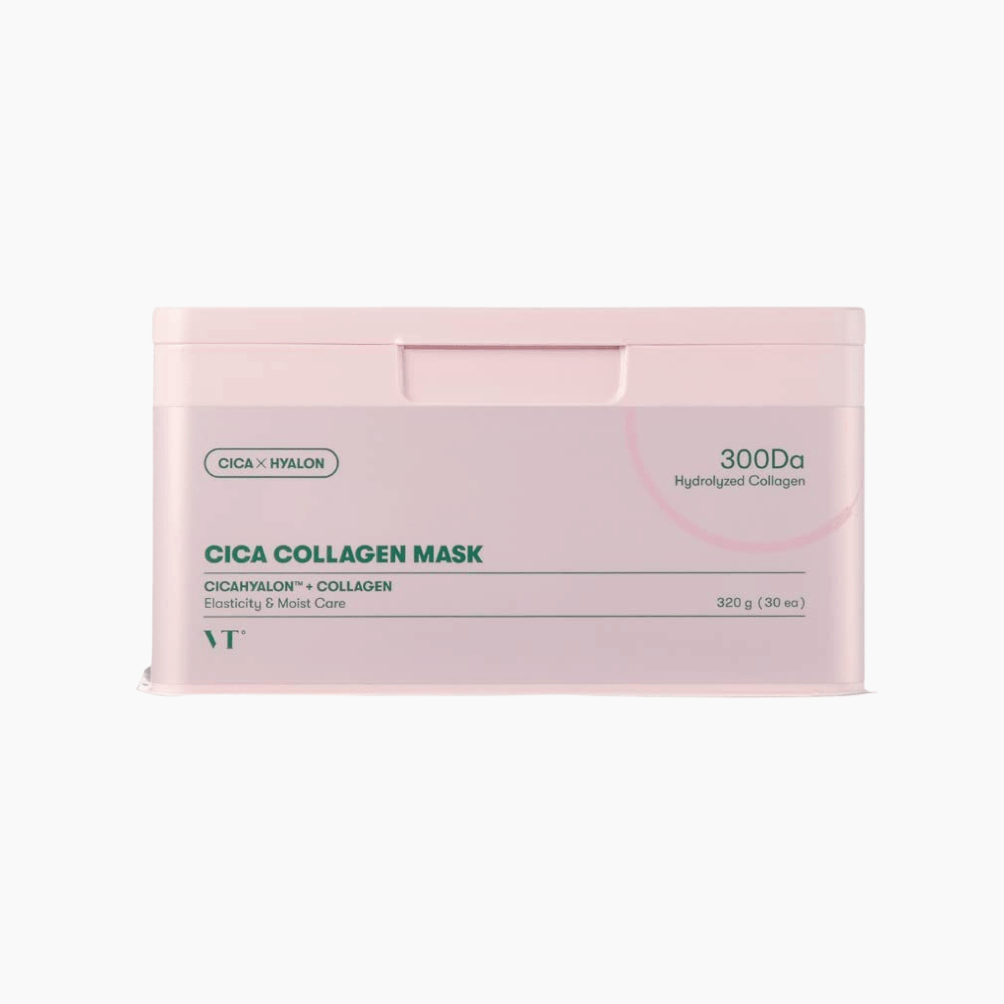 VT Cica Collagen Mask in rosafarbener Spenderbox mit 30 Tuchmasken, feuchtigkeitsspendende Pflege mit Hydrolyzed Collagen