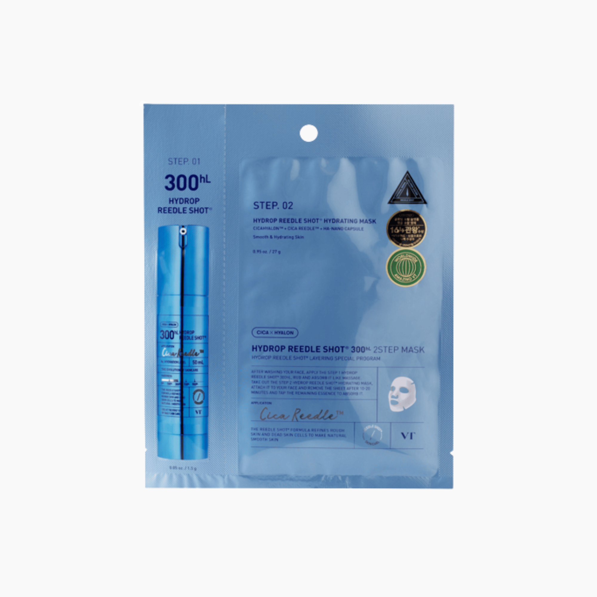 VT Hydrop Reedle Shot 300hL 2Step Mask mit blauer Verpackung, Kombination aus Serum und Tuchmaske