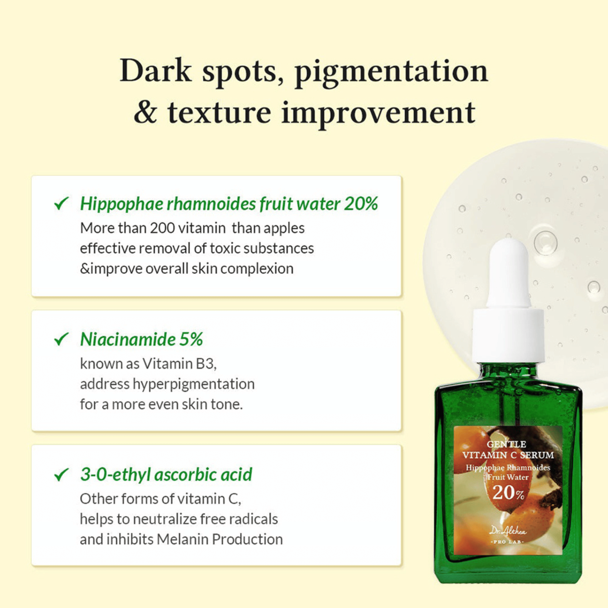 Ein Bild des Dr. Althea Vitamin C Serums zeigt eine grüne Flasche. Der Text hebt die antioxidative Pflege hervor.