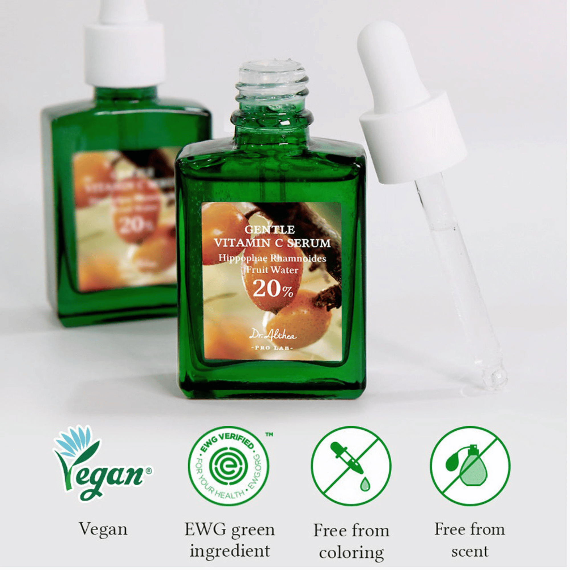 Zwei grüne Glasflaschen mit Pipette antioxidative Pflege, vegan, EWG-geprüft, frei von Farb- und Duftstoffen.