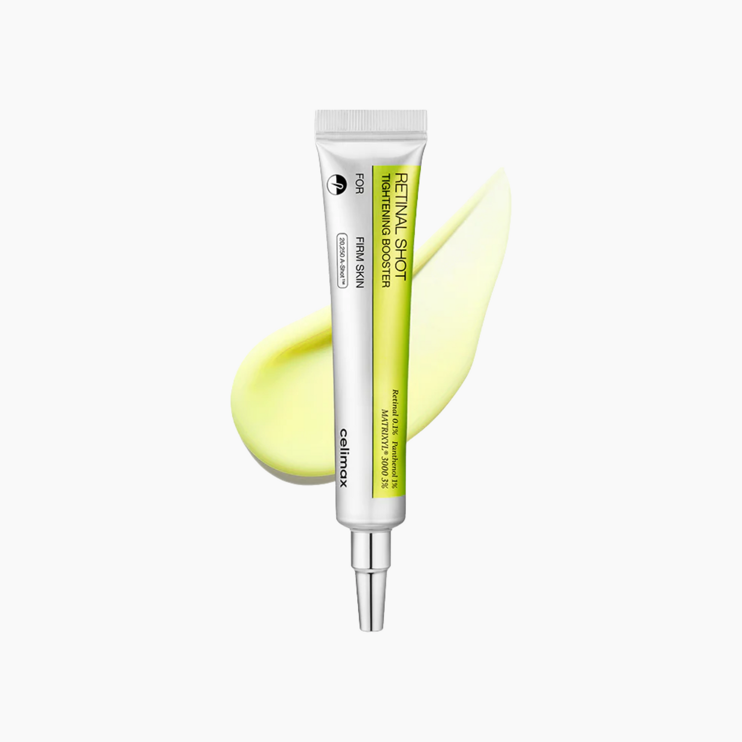 Eine Tube Celimax The Vita-A Retinal Shot Tightening Booster 15ml wird vor einem weißen Hintergrund mit einem Abstrich blassgelber Creme dahinter gezeigt.