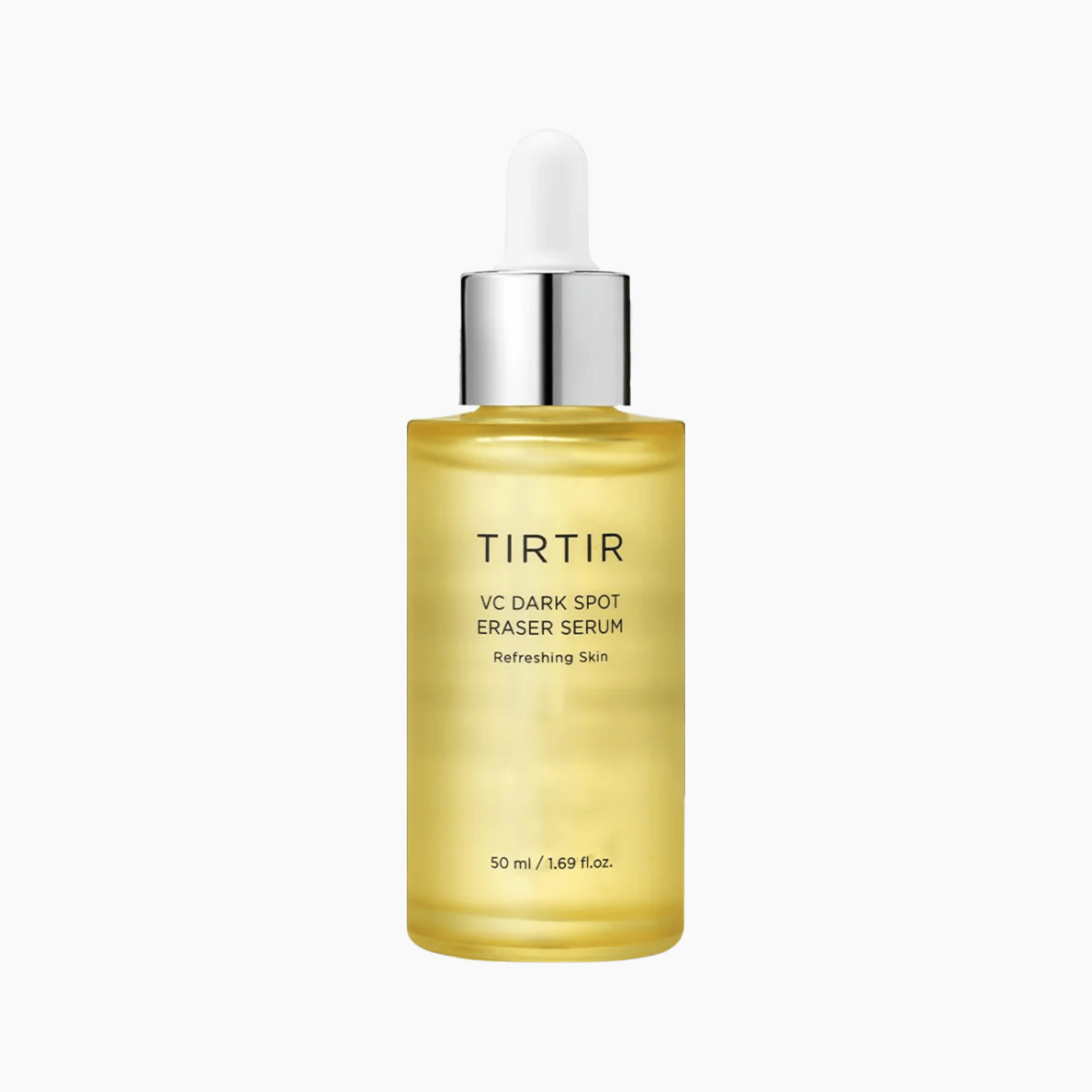 Gelbe Glasflasche des TIRTIR VC Dark Spot Eraser Serum 50ml mit silbernem Pipettenverschluss auf weißem Hintergrund, Vitamin-C-Serum gegen Pigmentflecken