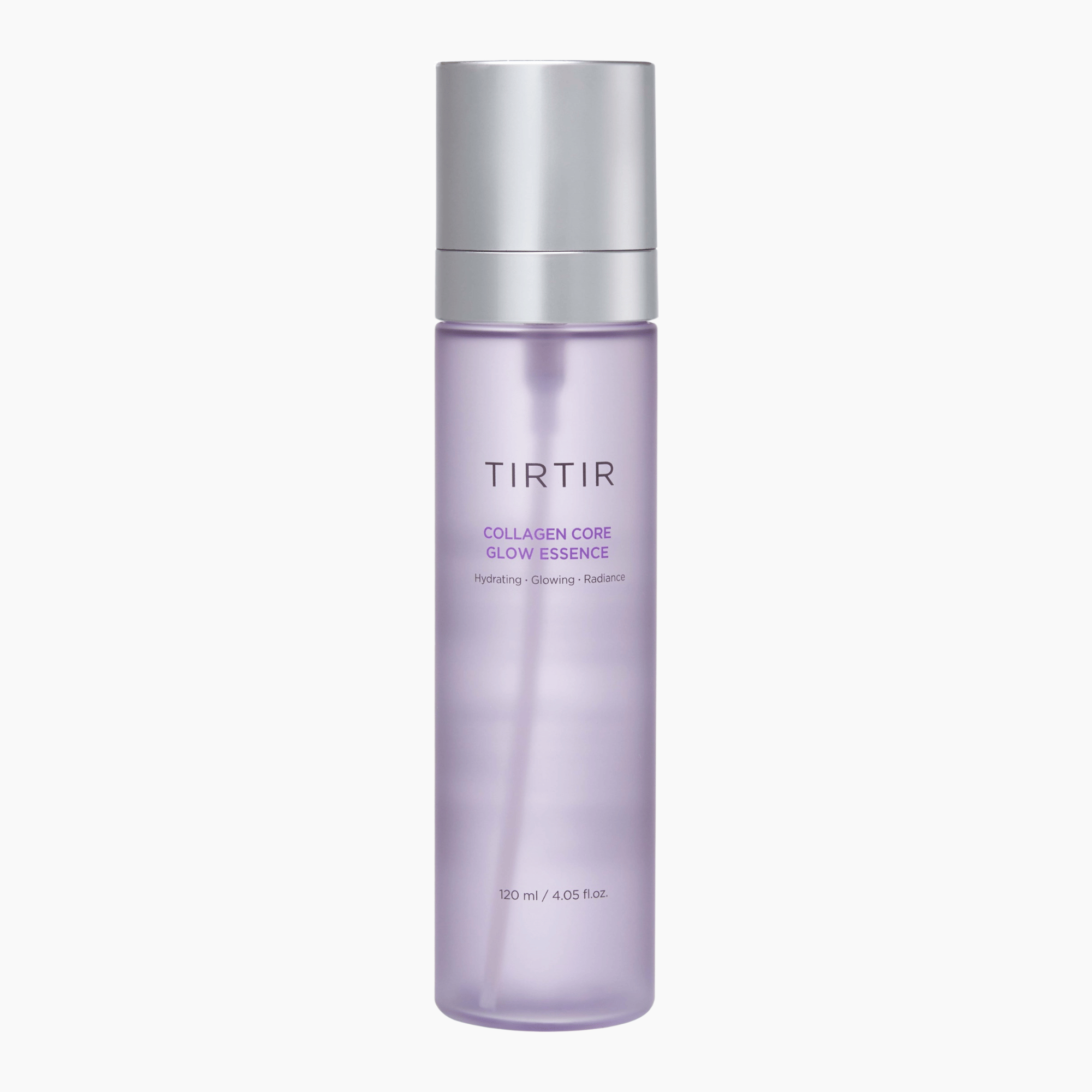 Transparente Flasche der TIRTIR Collagen Core Glow Essence 120ml mit silbernem Pumpspender für strahlende, hydratisierte Haut