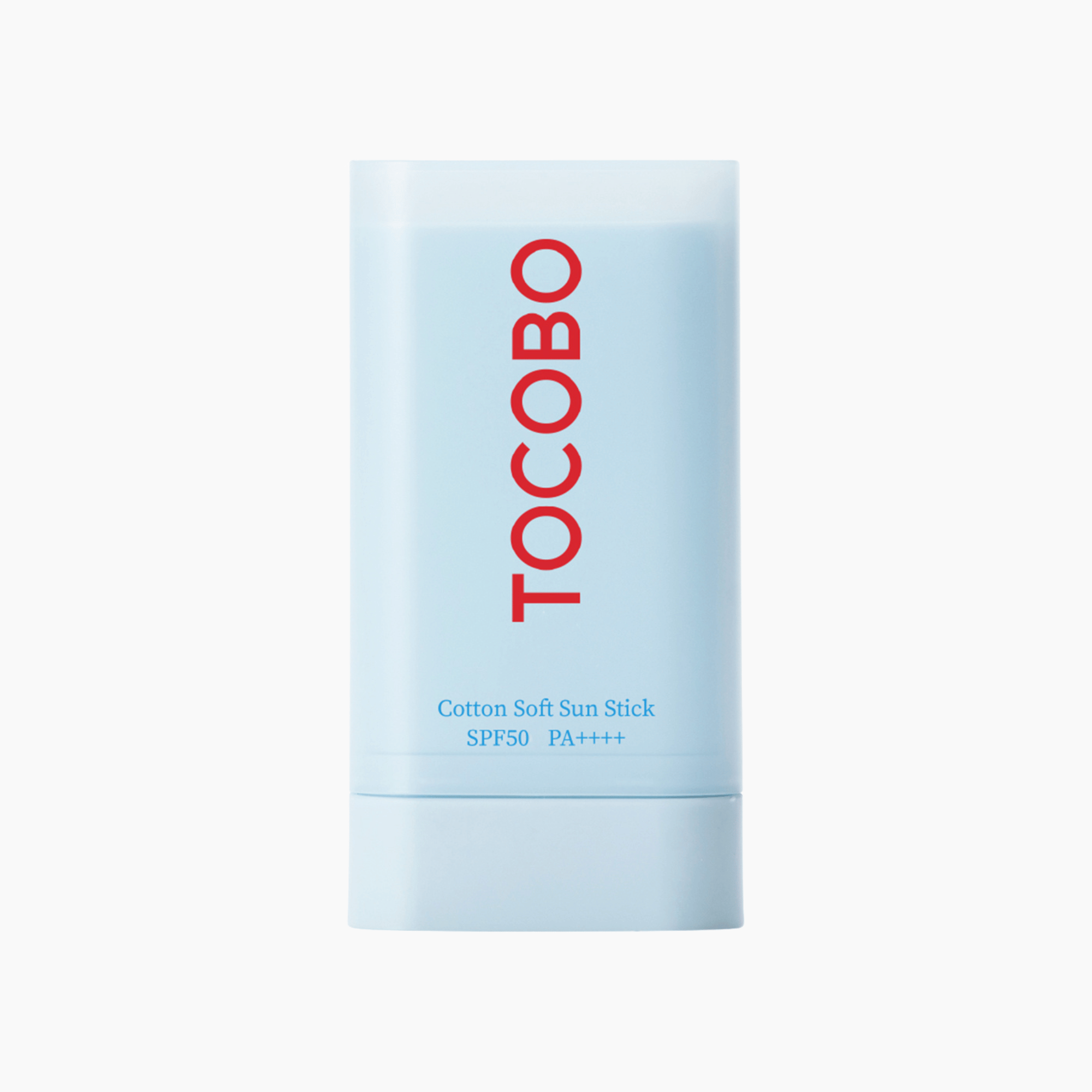 Helles Produktfoto der Tocobo Cotton Soft Sun Stick SPF50 PA++++ Sonnenpflege auf weißem Hintergrund, minimalistisches Design
