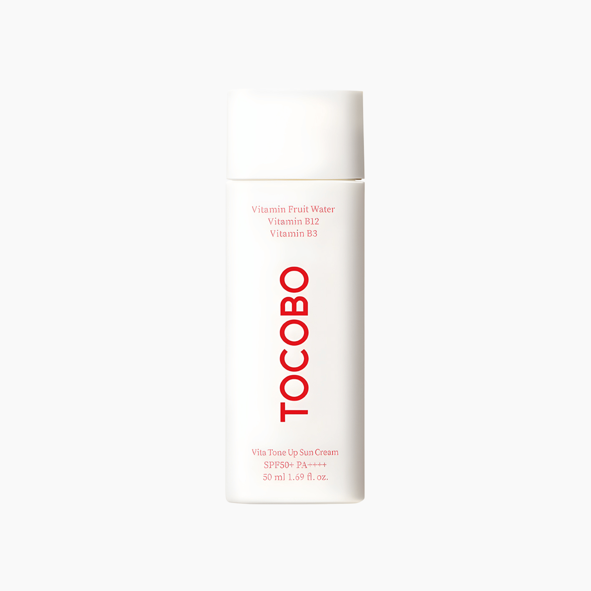 Tocobo Vita Tone Up Sun Cream SPF50+ PA++++ mit Vitamin B12 in weißer Flasche auf weißem Hintergrund