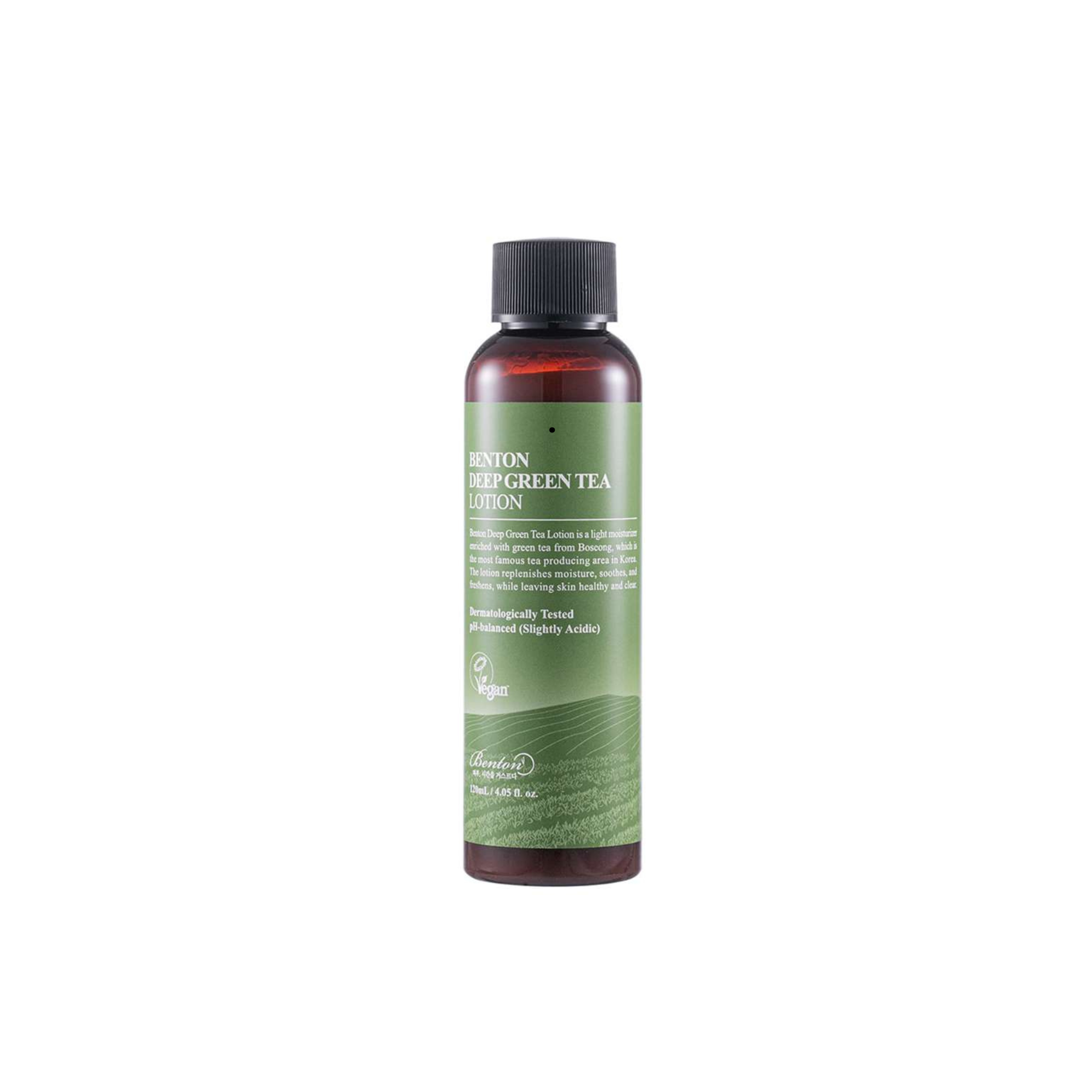 Benton Deep Green Tea Lotion mit grünem Etikett und schwarzem Deckel vor weißem Hintergrund.