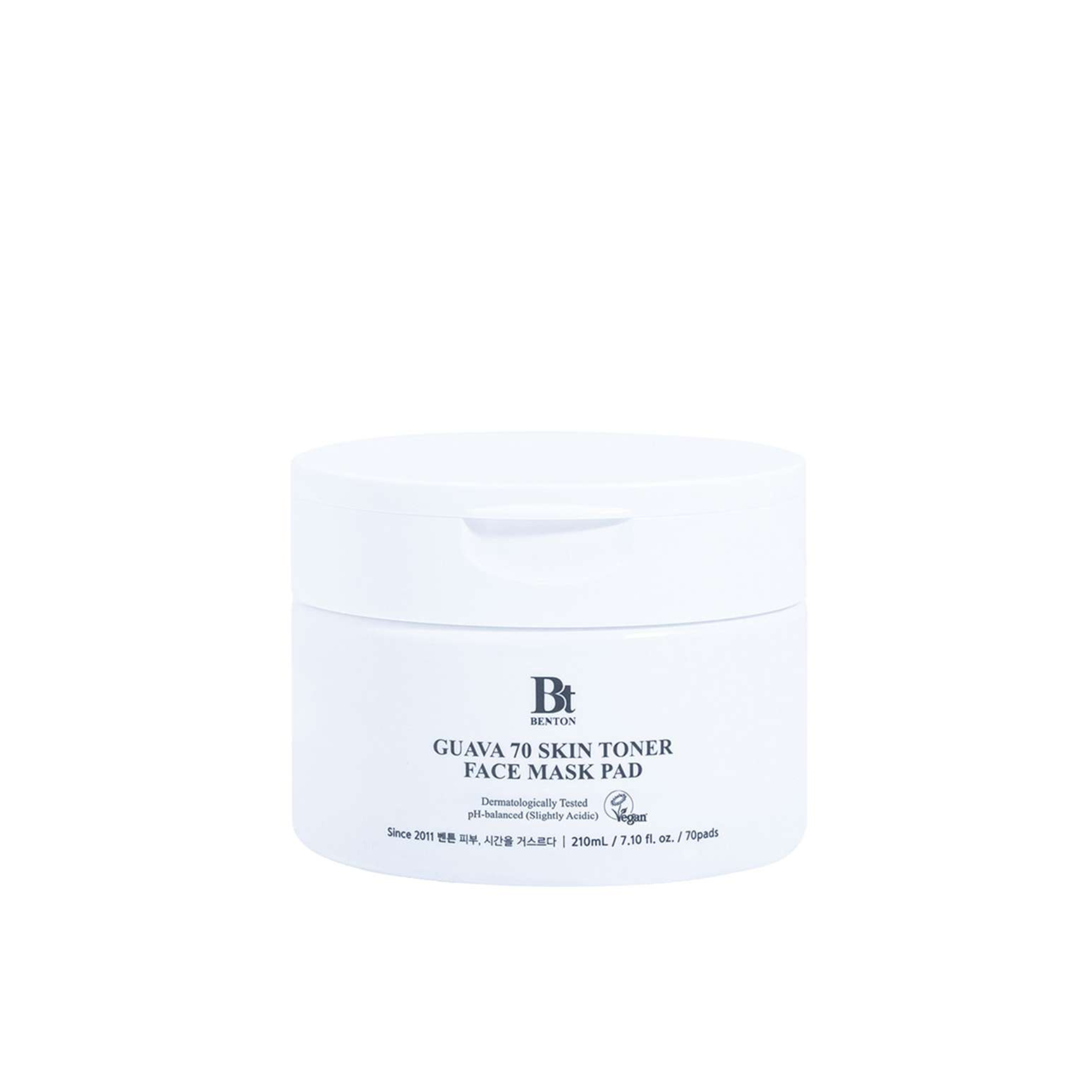Benton Guava 70 Skin Toner Face Mask Pad, der 70 Pads und 210 ml enthält.