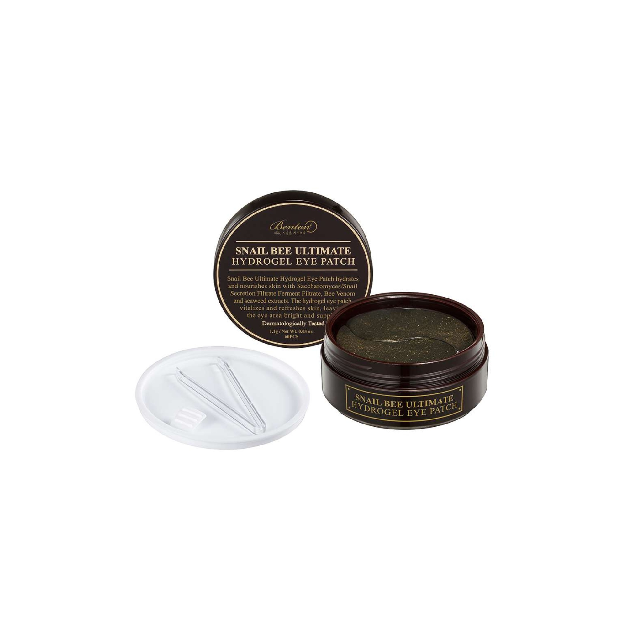 Offener Behälter mit Benton Snail Bee Ultimate Hydrogel Eye Patch mit weißem Deckel, Plastikpinzette.