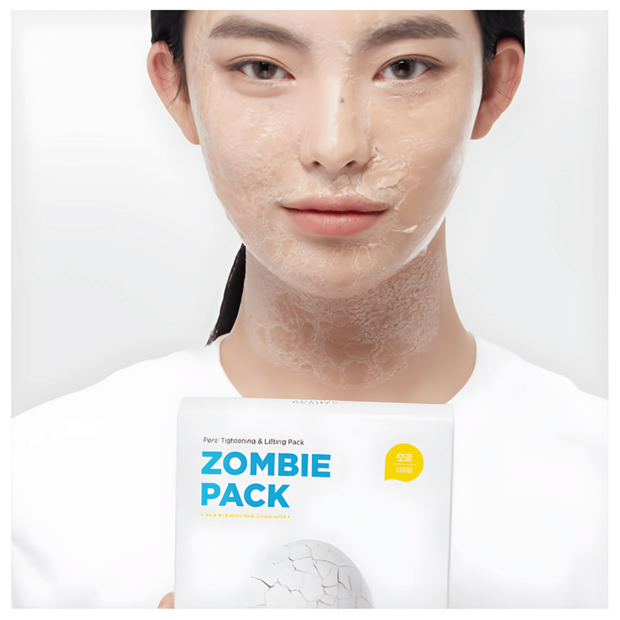 Model mit aufgetragener Zombie Pack Maske von Zombie Beauty, sichtbar gespannte Textur, Produktverpackung vorn