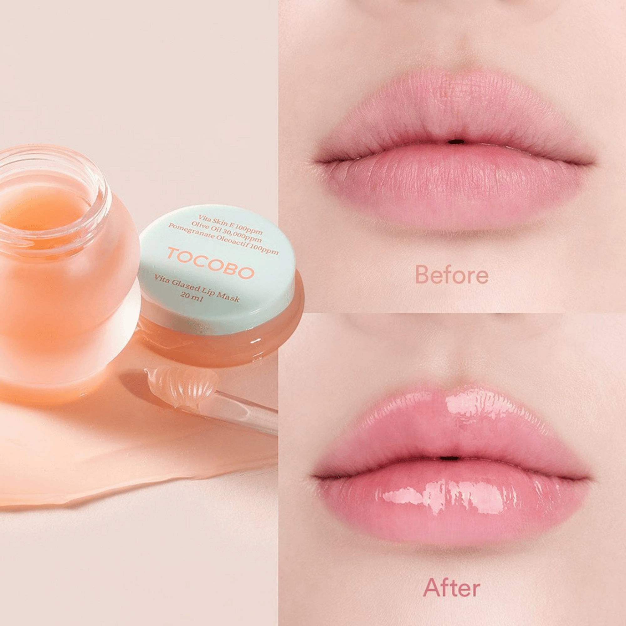Vorher-nachher Vergleich der Tocobo Vita Glazed Lip Mask sichtbar geglättete, glänzende Lippen nach der Anwendung