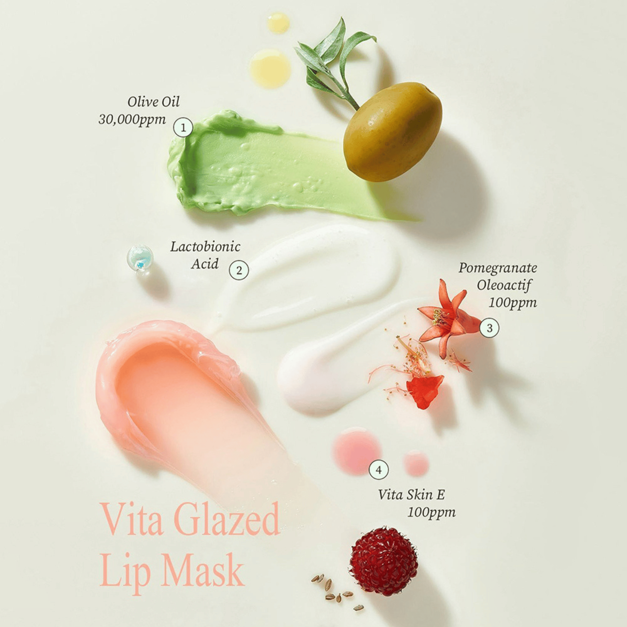 Natürliche Wirkstoffe der Tocobo Lip Mask: Olivenöl, Vitamin E, Lactobionsäure und Granatapfel-Extrakt auf Cremebasis