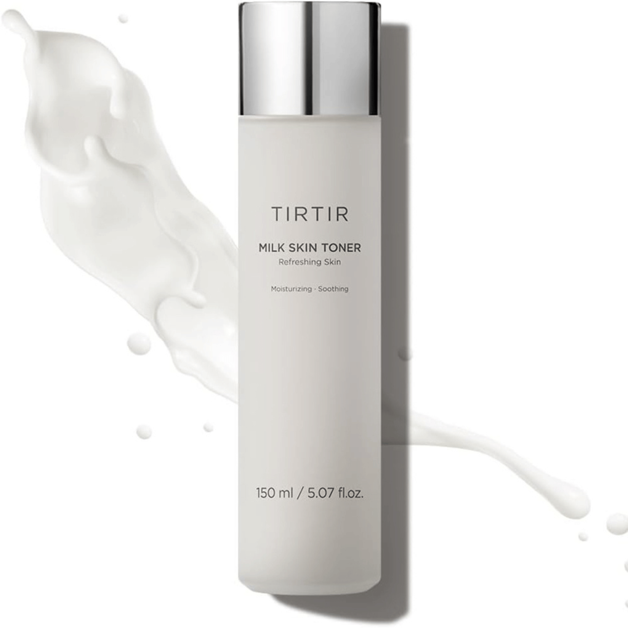 TIRTIR Milk Skin Toner mit milchiger Textur vor gesprenkeltem Hintergrund feuchtigkeitsspendender K-Beauty Toner mit sanfter Pflegeformel