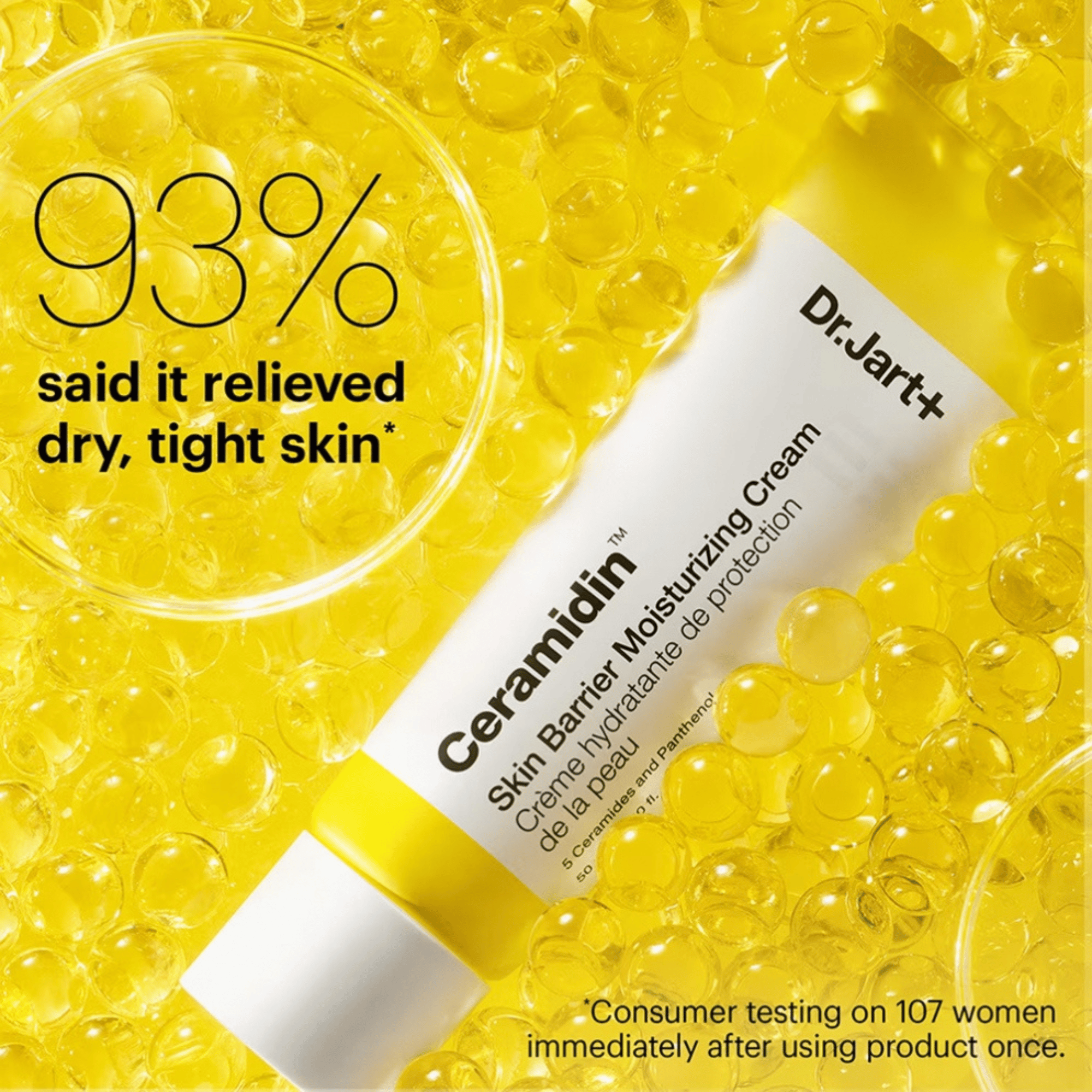 Skin Barrier Moisturizing Cream ruht auf gelben Gelkügelchen, mit dem Text.