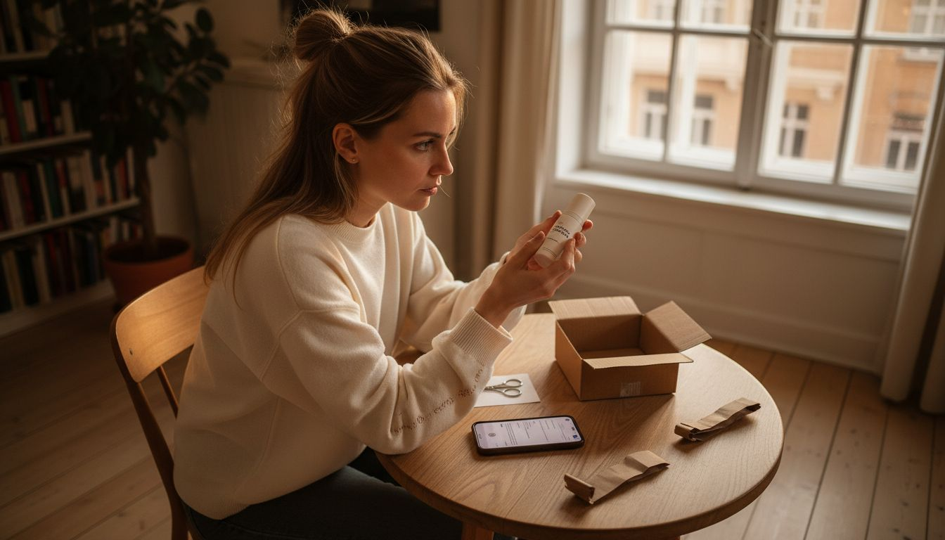 Eine Frau überprüft, ob die Verpackung ihrer Kosmetikprodukte echt ist.