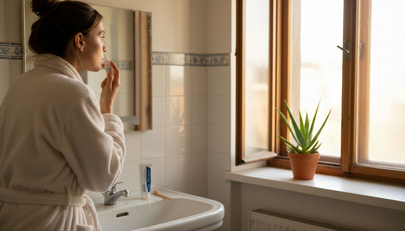 Eine Frau pflegt ihre Haut mit einem Serum im Badezimmer.