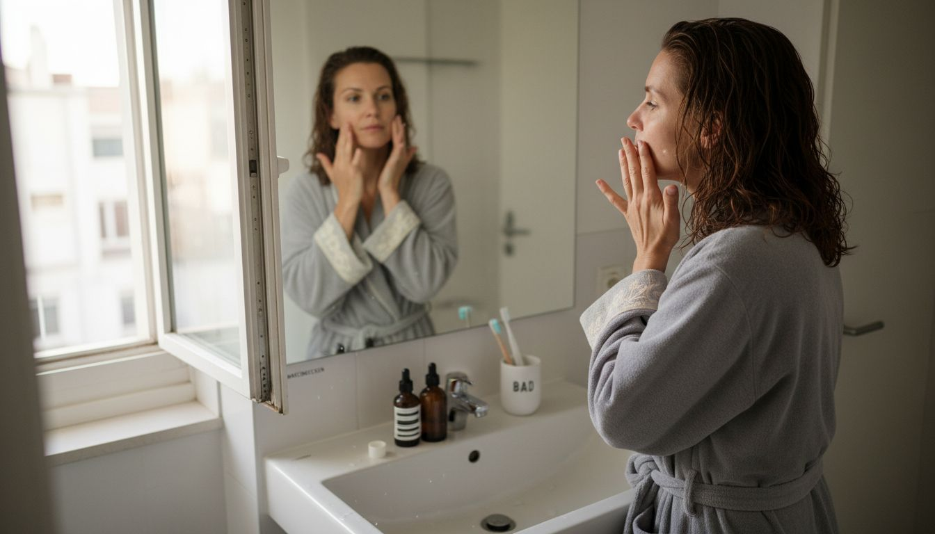 Eine Frau pflegt morgens ihre Haut am Waschbecken und gönnt sich eine kleine Auszeit für ihre Beauty-Routine.
