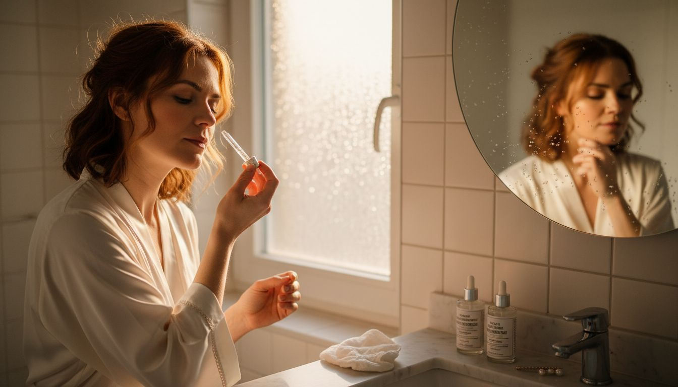 Eine Frau trägt im Badezimmer ein koreanisches Serum zur Hautpflege auf.