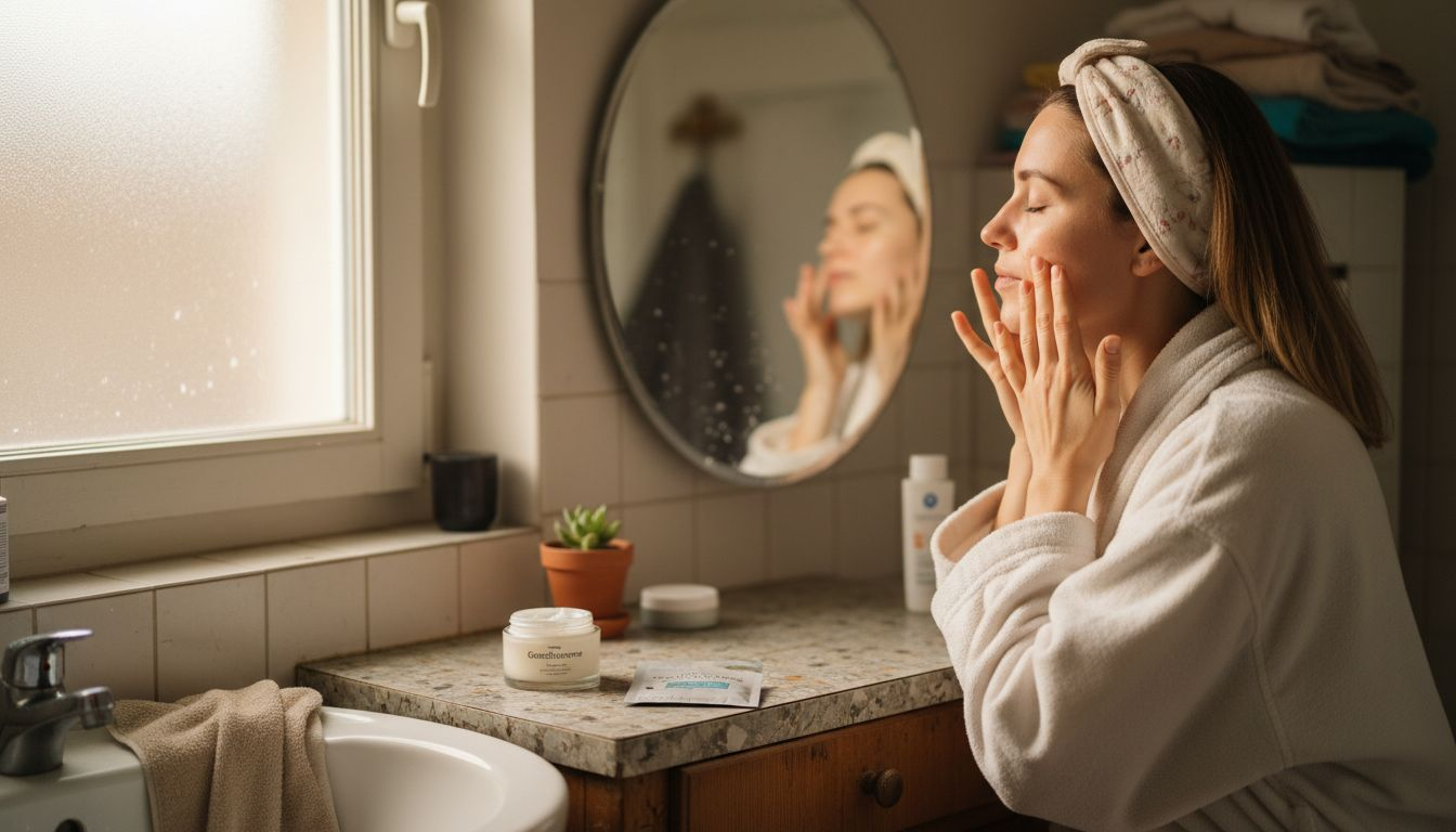 Eine Frau trägt an ihrem Schminktisch ihre koreanische Pflegeroutine auf.