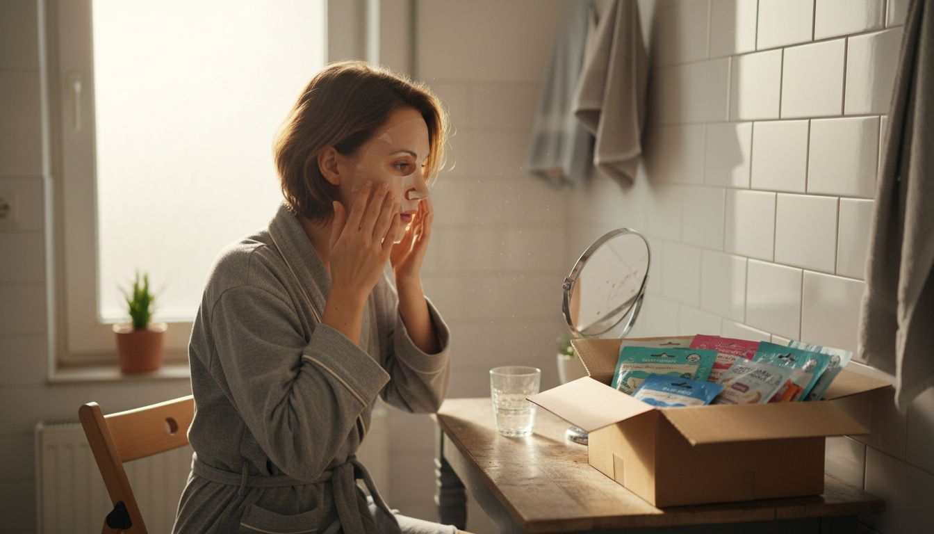Eine Frau gönnt sich eine koreanische Tuchmaske und genießt die entspannte Atmosphäre ihres hellen Badezimmers.