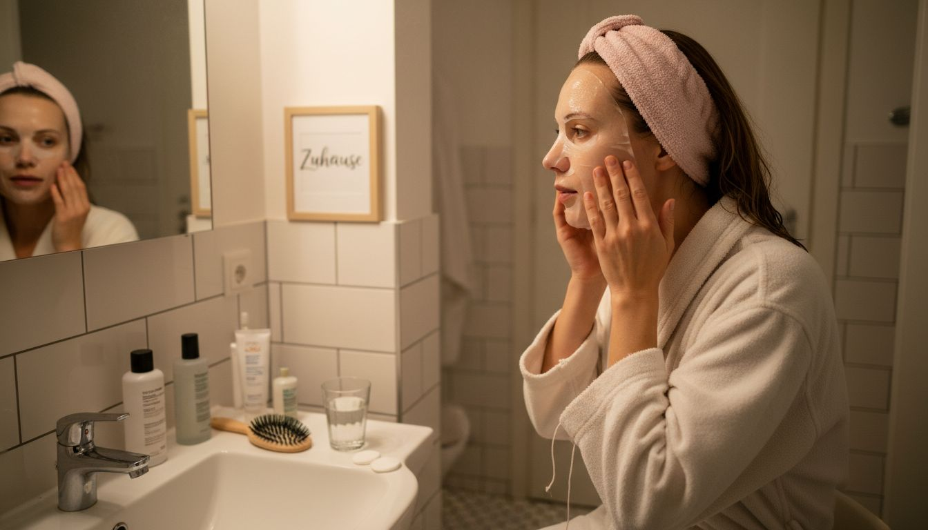 Eine Frau gönnt sich eine entspannende Gesichtsmaske im heimischen Badezimmer.