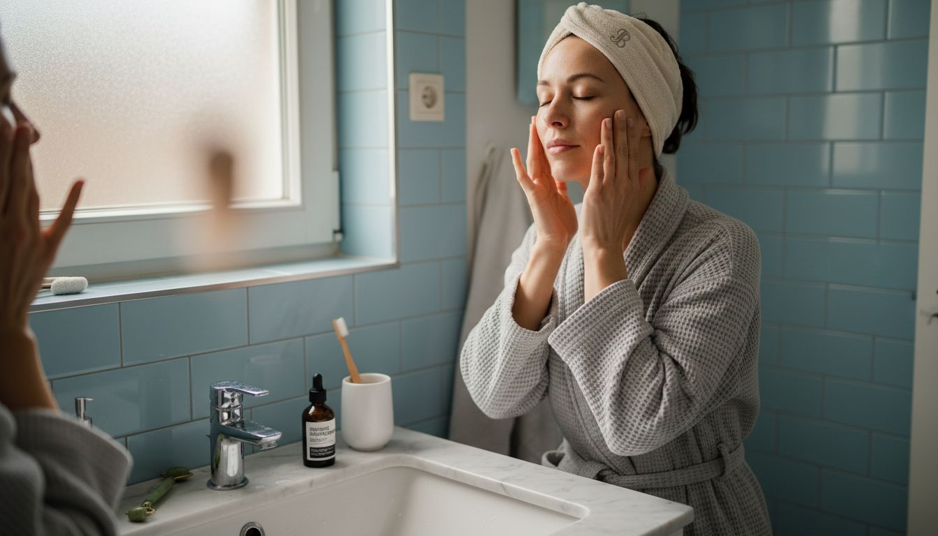 Im Badezimmer trägt eine Frau ihr Gesichtsserum auf.
