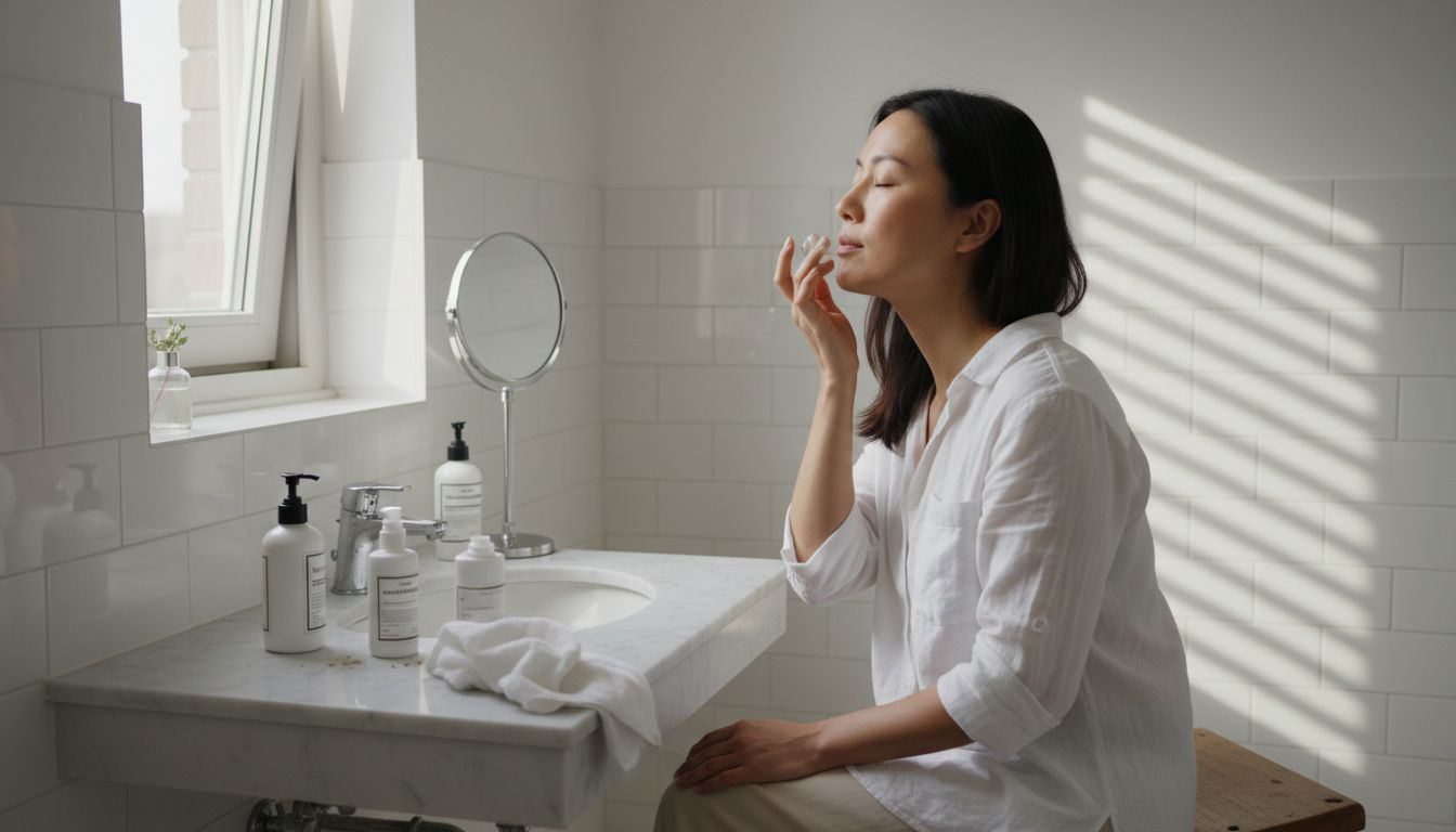Eine Frau pflegt ihre Haut mit asiatischen Produkten und genießt dabei ihre entspannte Morgenroutine im Badezimmer.