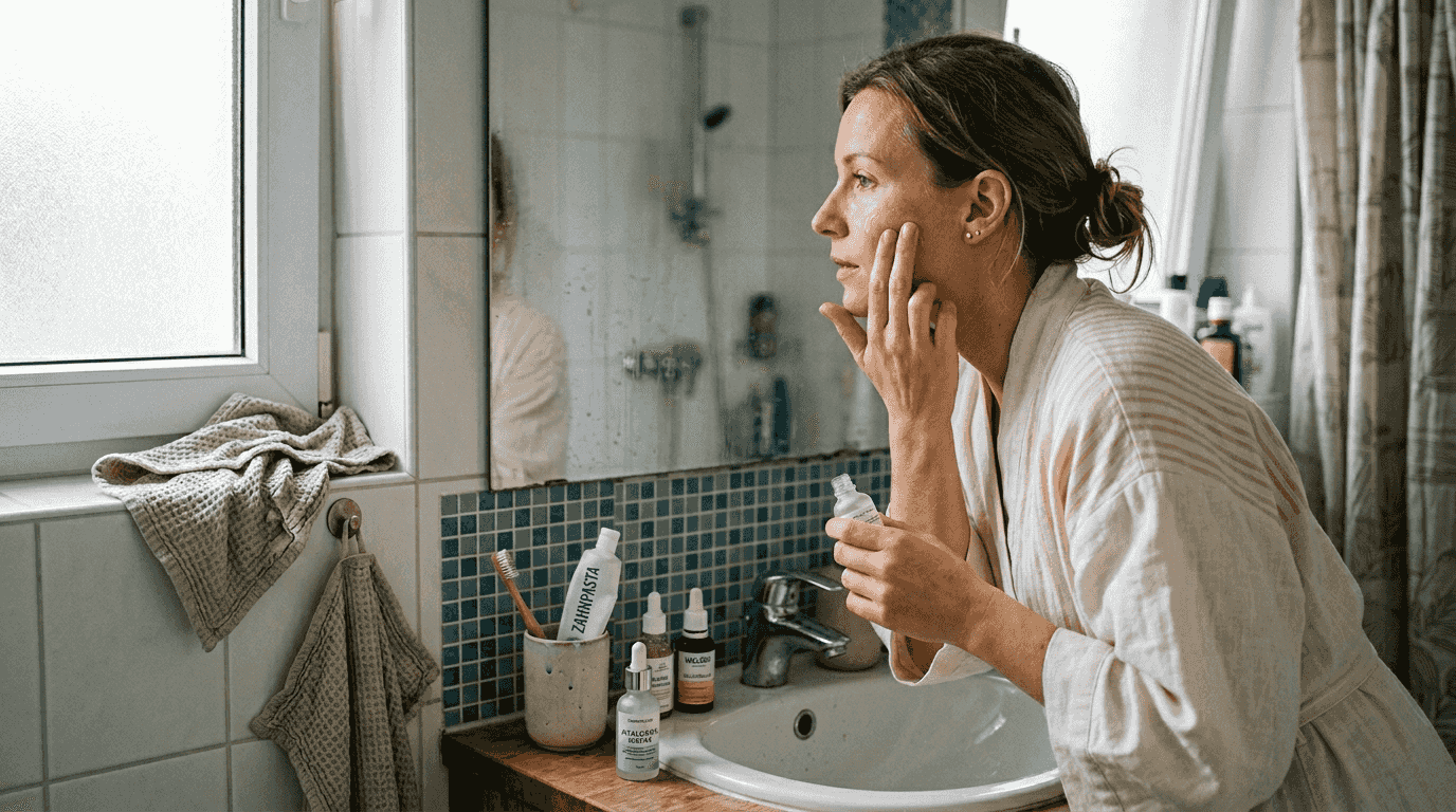 Eine Frau trägt ihr Serum im heimischen Badezimmer auf, das vom Alltag geprägt ist.