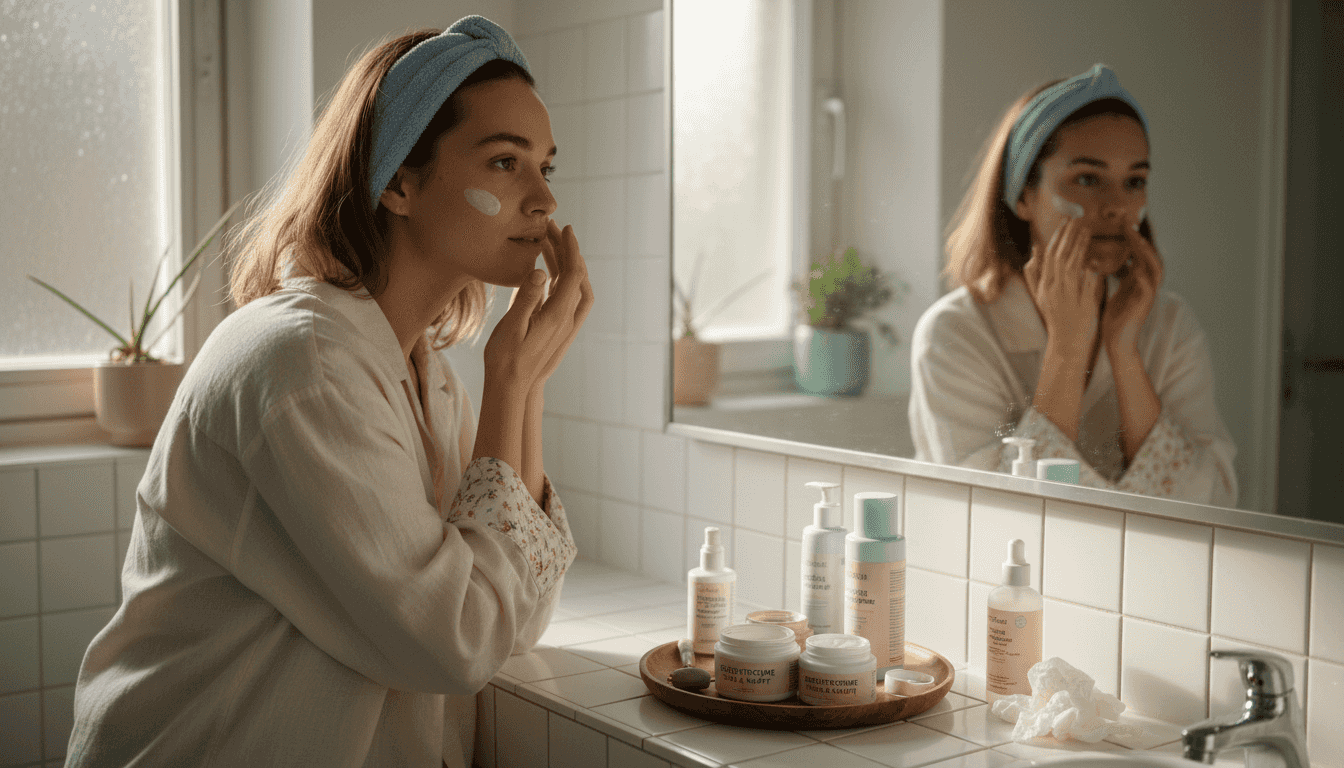 Eine Frau trägt ihre koreanische Hautpflege am Waschbecken im Badezimmer auf.