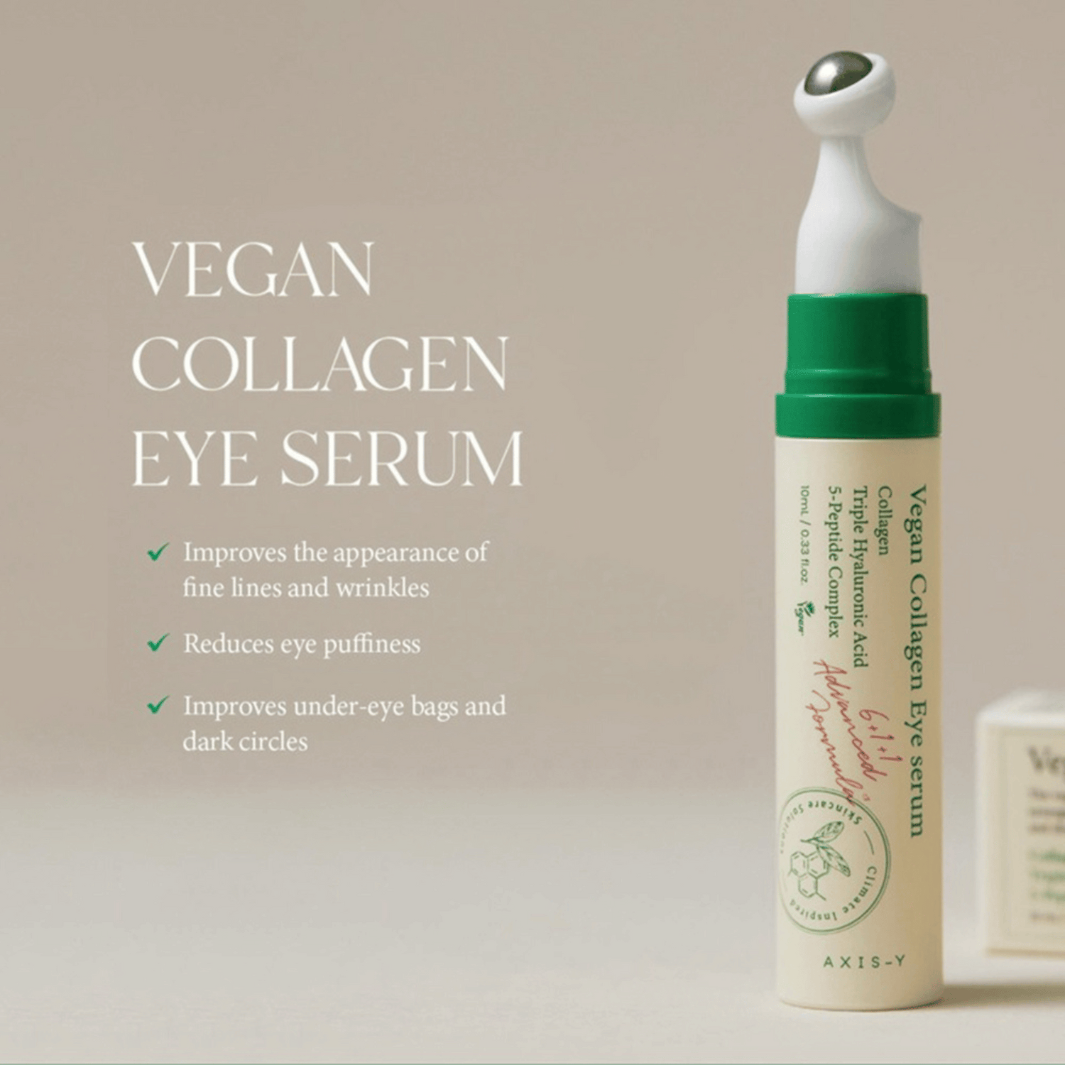 AXIS-Y Vegan Collagen Eye Serum mit Verpackung vor beige Hintergrund und Text zur Wirkung