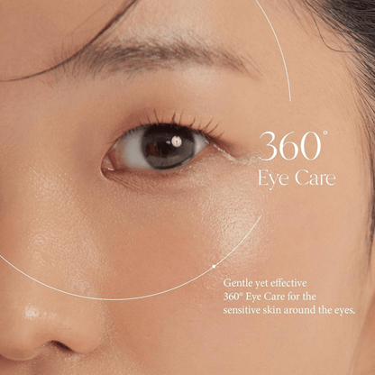 Nahaufnahme eines Auges mit Hinweis auf 360° Eye Care durch das AXIS-Y Vegan Collagen Eye Serum