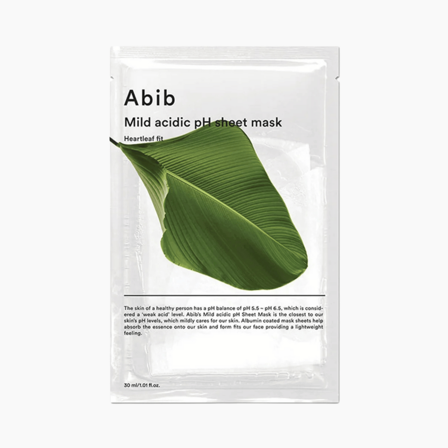 Abib Mild Acidic pH Sheet Mask Heartleaf Fit – transparente Tuchmaske mit grünem Blattdesign für empfindliche Haut