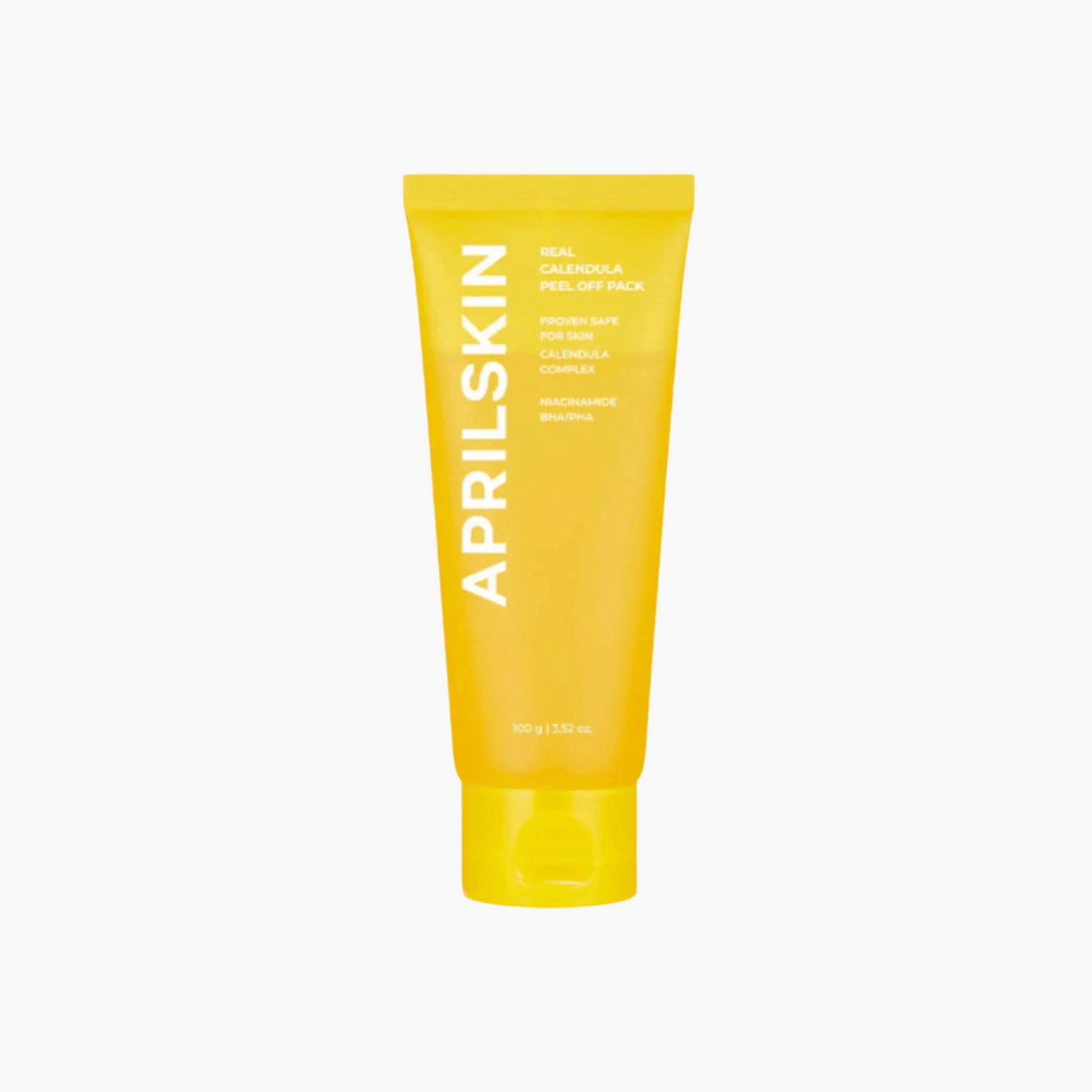 Auf einem schlichten weißen Hintergrund ist eine gelbe Tube Aprilskin Real Calendula Peel Off Pack abgebildet.