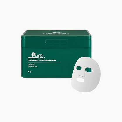 VT Cica Daily Soothing Mask mit Spenderbox und einzelner Sheetmaske nebeneinander, beruhigende tägliche Gesichtspflege