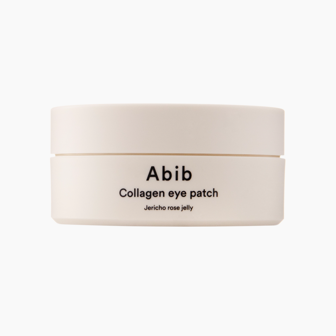 Ein weißer Behälter mit der Aufschrift &quot;Abib Collagen Eye Patch Jericho Rose Jelly 60Stk&quot; steht vor einem schlichten Hintergrund.