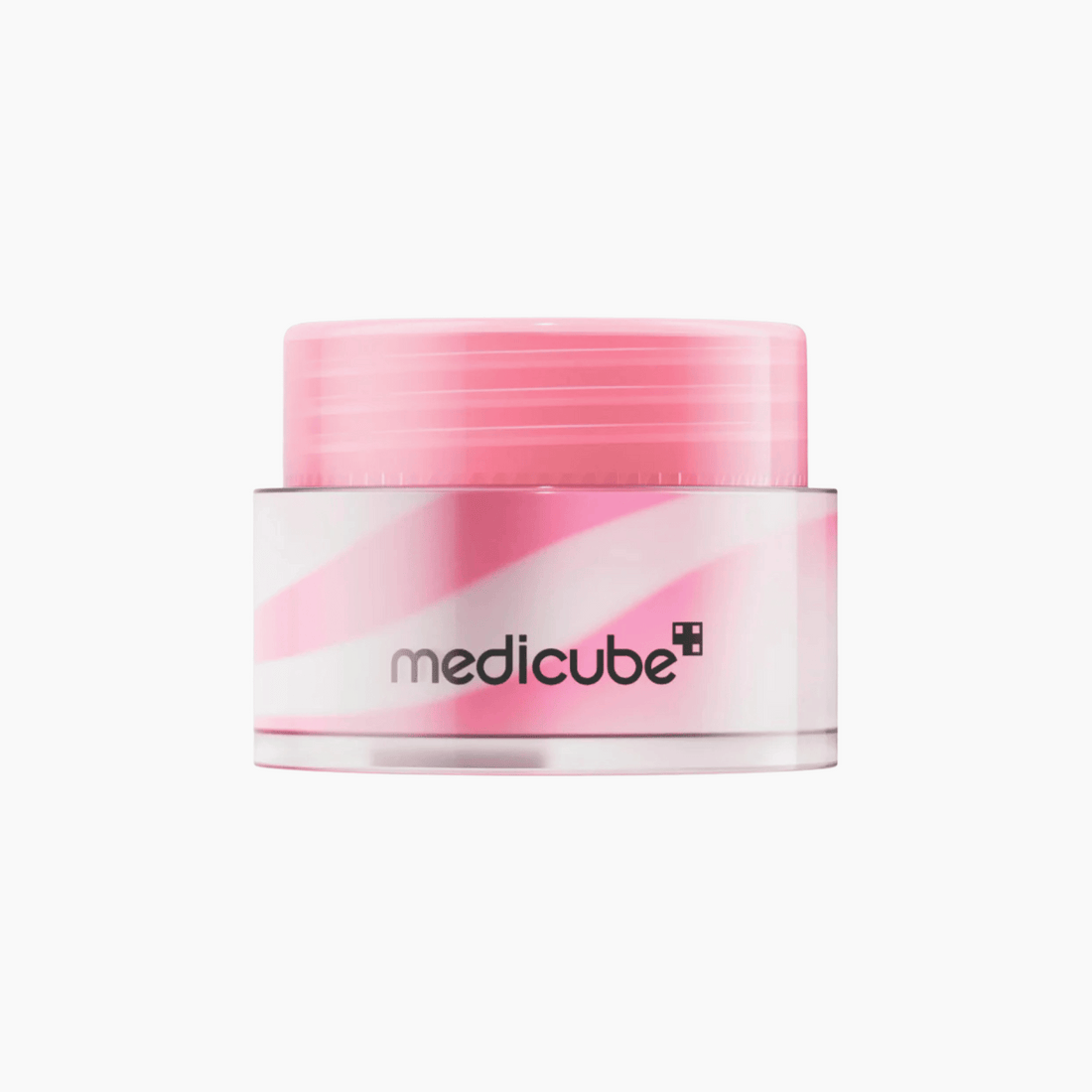 Die Medicube PDRN Lip Sleeping Mask zeigt ein rosa-weißes Wirbelmuster in einem Cremetiegel mit transparentem Deckel vor einem schlichten weißen Hintergrund.