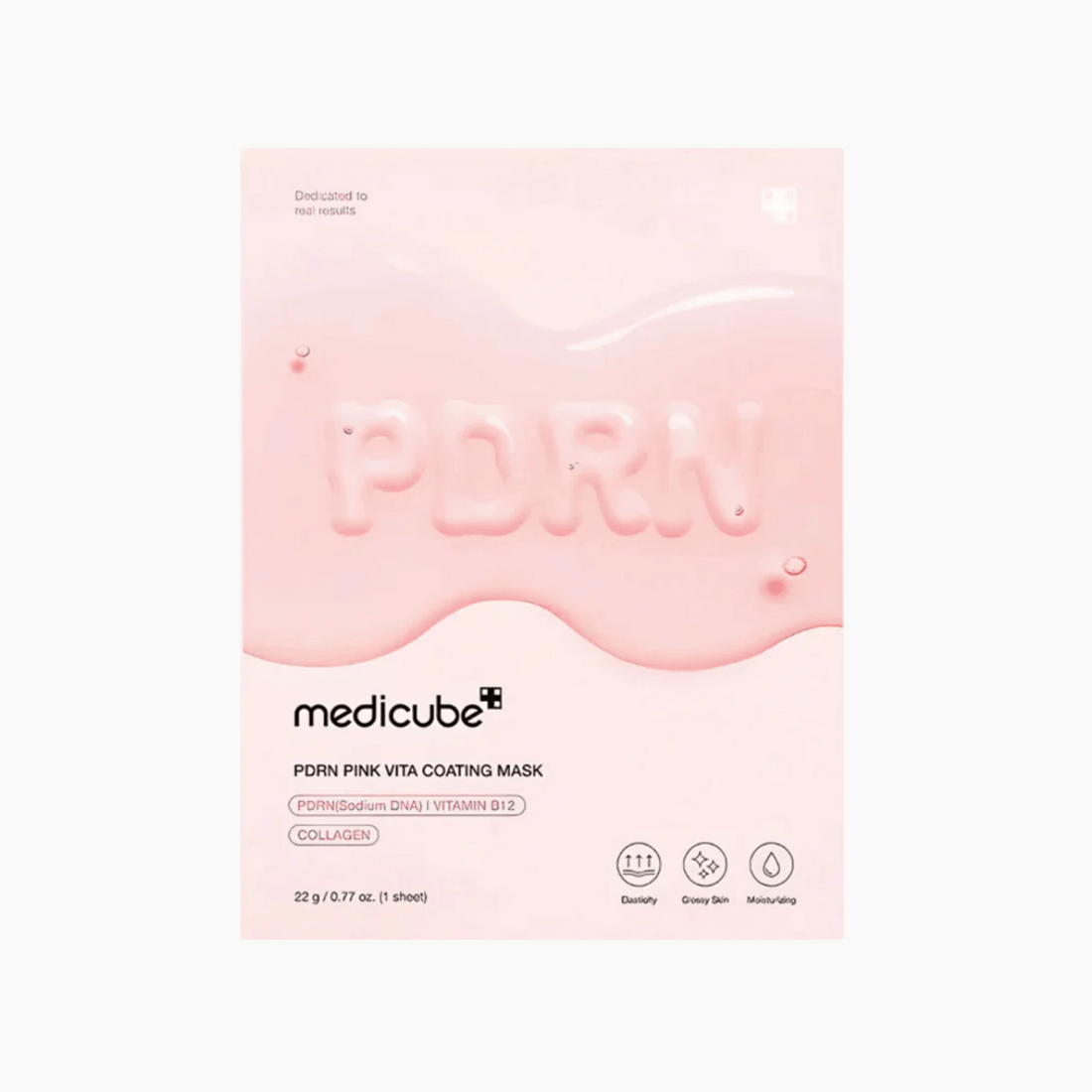 Die Verpackung der Medicube PDRN Pink Vita Coating Mask 22g ist in einem rosa Design gehalten und hebt den Produktnamen, die wichtigsten Inhaltsstoffe und die Vorteile wie verbesserte Elastizität, glänzende Haut und tiefe Feuchtigkeitszufuhr hervor.