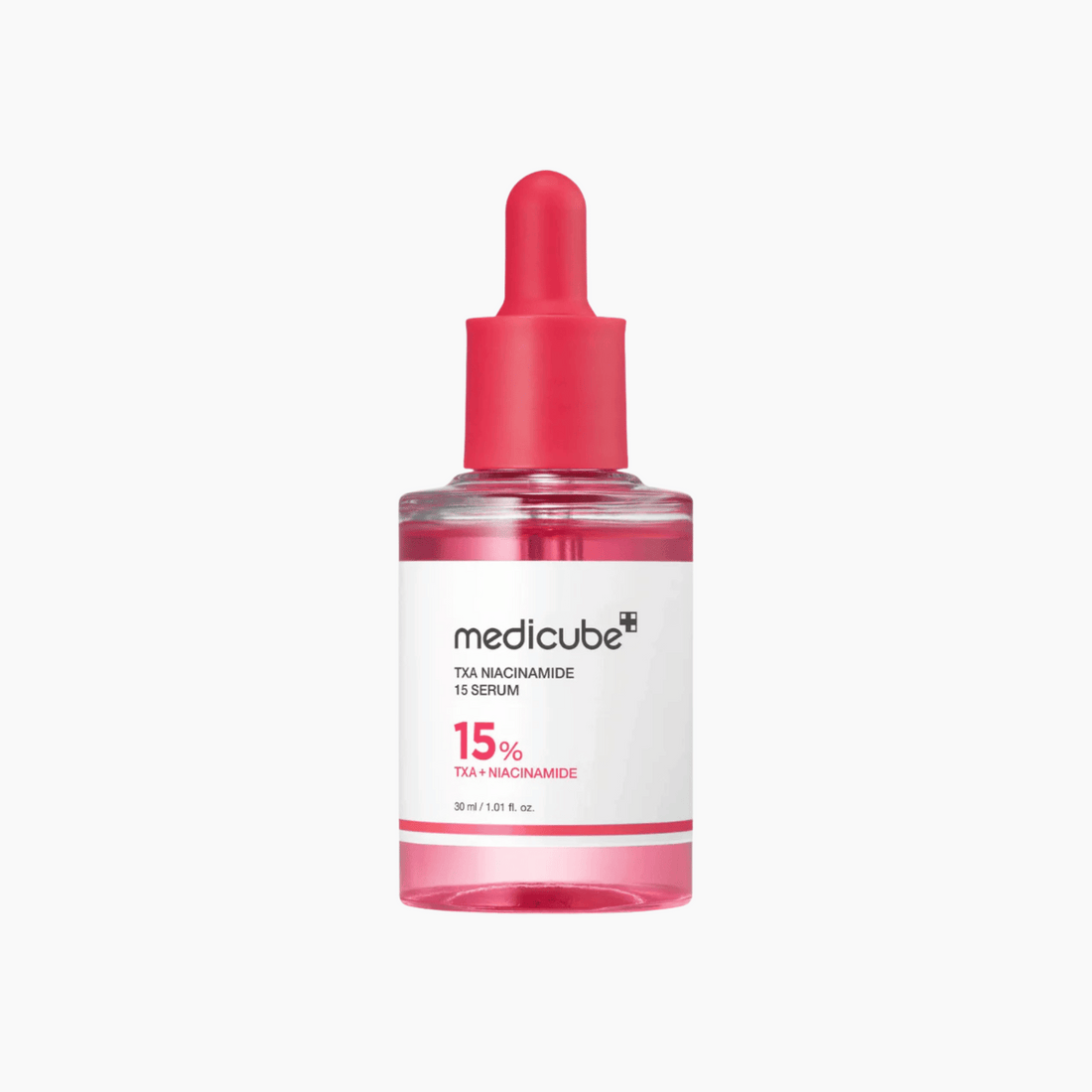 Medicube TXA Niacinamide 15 Serum 30 ml in einer Tropfflasche aus Klarglas mit roter Kappe und rosafarbener Flüssigkeit vor weißem Hintergrund.