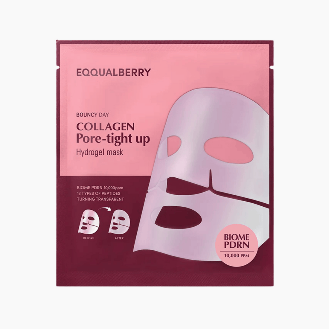 Die rosafarbene und burgunderfarbene Packung der EQQUALBERRY Collagen Pore-tight up Hydrogel Maske 30g zeigt auf der Vorderseite eine Abbildung der Gesichtsmaske und Produktdetails.