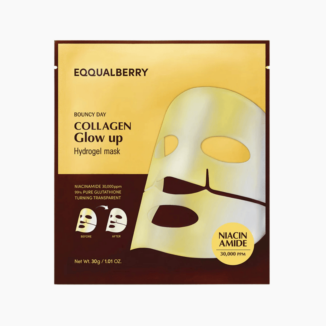 Eine gelb-braune Packung mit der Aufschrift EQQUALBERRY Collagen Glow up Hydrogel mask 30g, die auf der Vorderseite ein Bild der Maske und Produktangaben enthält.