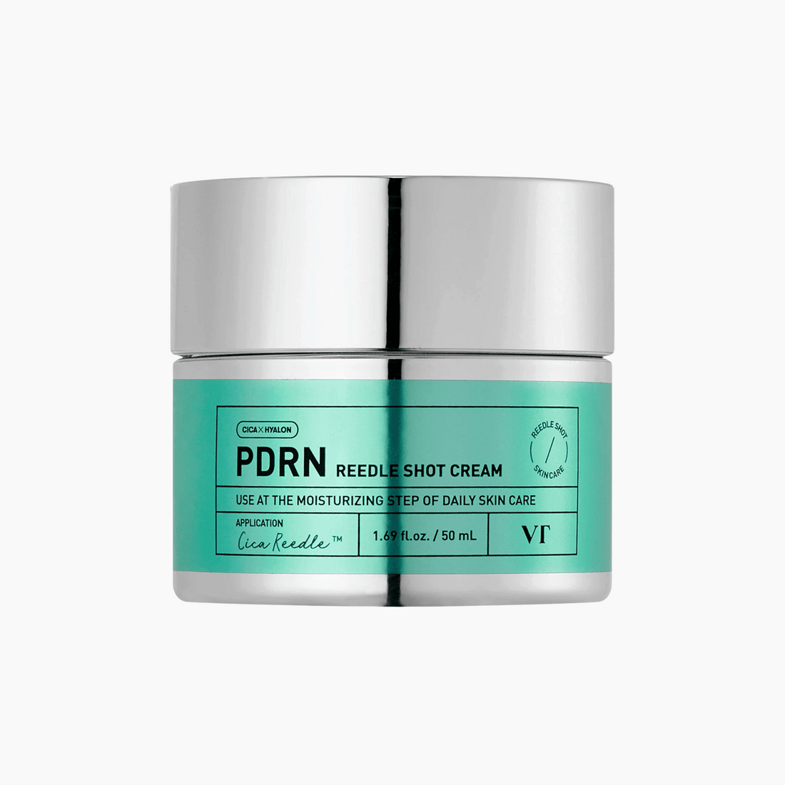 Ein 50-ml-Tiegel der VT Cosmetics PDRN Reedle Shot Cream mit silbernem Deckel und türkisfarbenem Etikett für die feuchtigkeitsspendende Hautpflege.