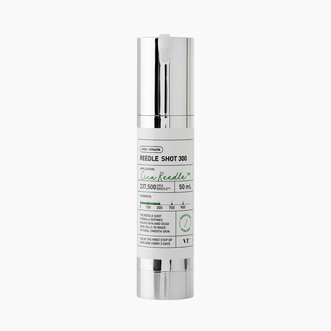 Eine weiß-silberne Pumpflasche mit der Aufschrift VT Cosmetics Reedle Shot 300 50 ml Hautpflege, die 50 ml des Produkts enthält.